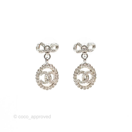 Chanel Crystal CC Bow Knot Drop Earrings Silver Tone 22B