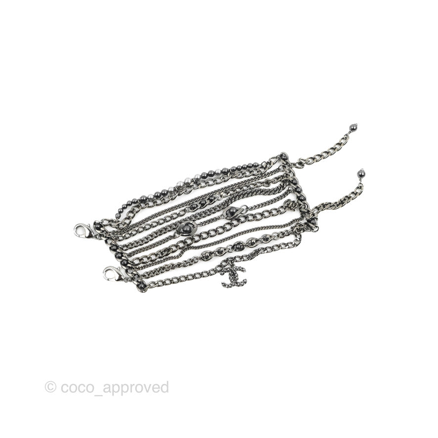 Chanel CC Pearl Bead Multi Strand Bracelet Gun Metal 15P