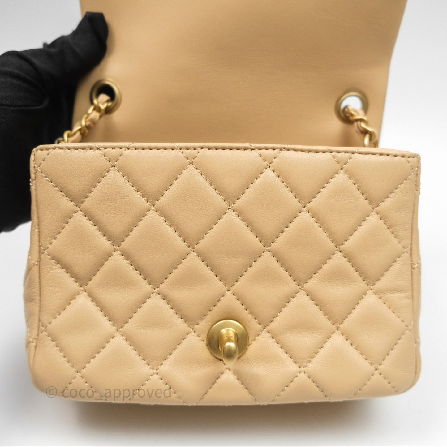 Chanel Pearl Crush Mini Square Quilted Beige Lambskin Aged Gold Hardware