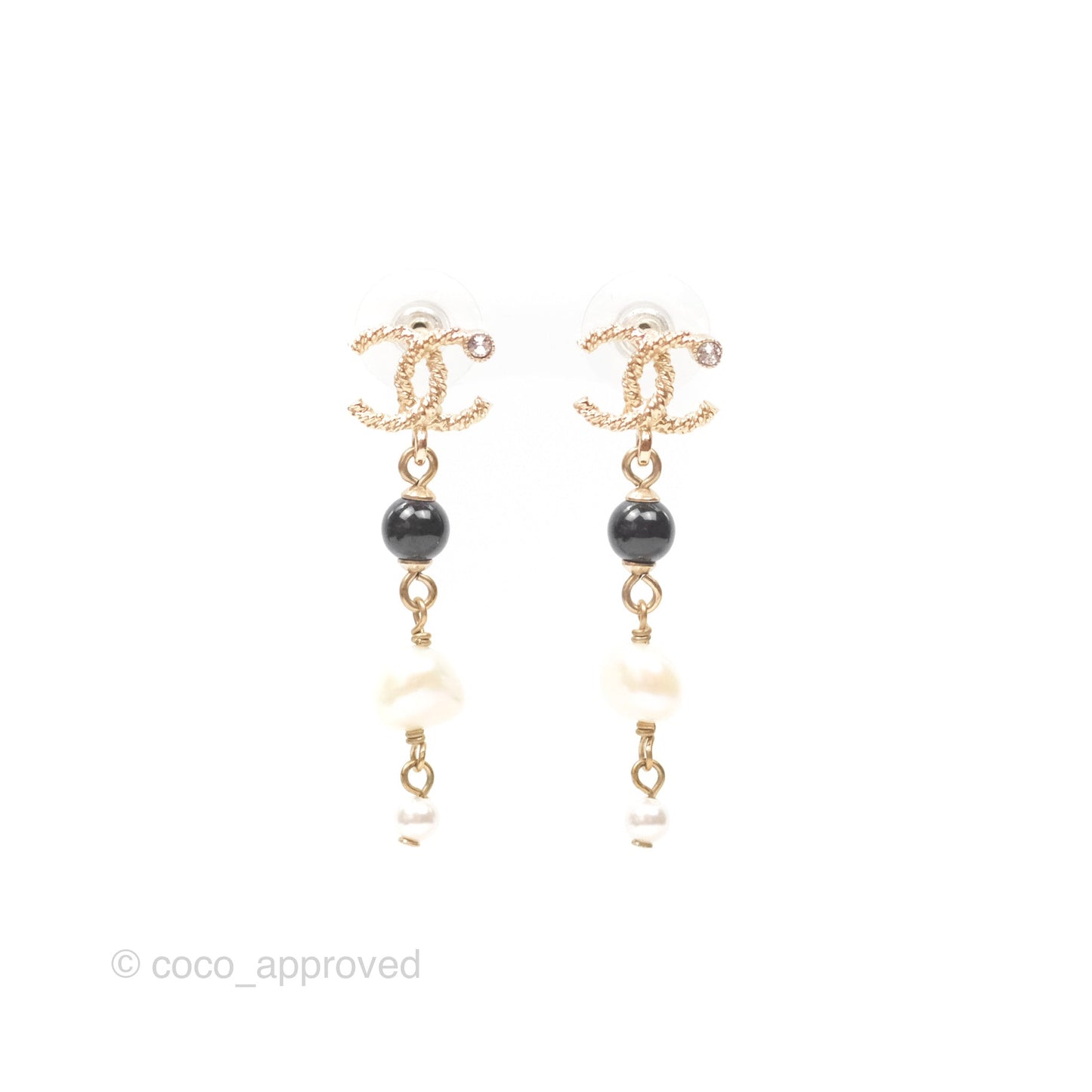 Chanel CC Bead Pearl Long Drop Earrings Gold Tone 20V