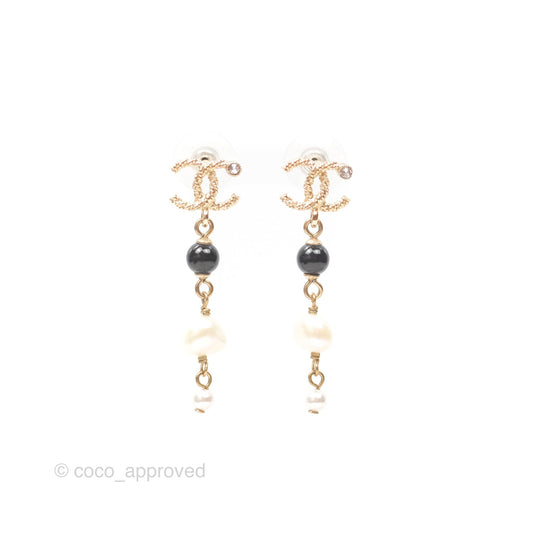 Chanel CC Bead Pearl Long Drop Earrings Gold Tone 20V