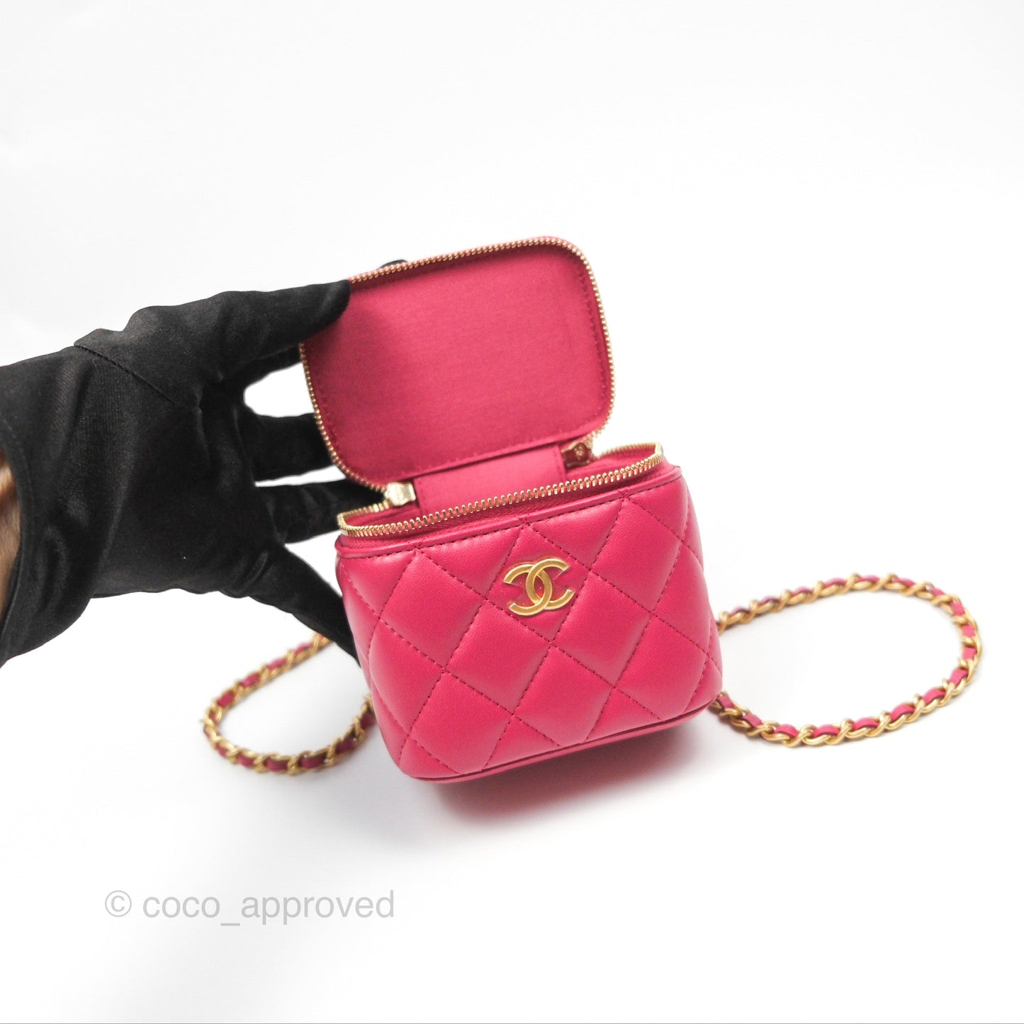 Chanel Mini Top Handle Vanity With Chain Dark Pink Lambskin Aged Gold Hardware