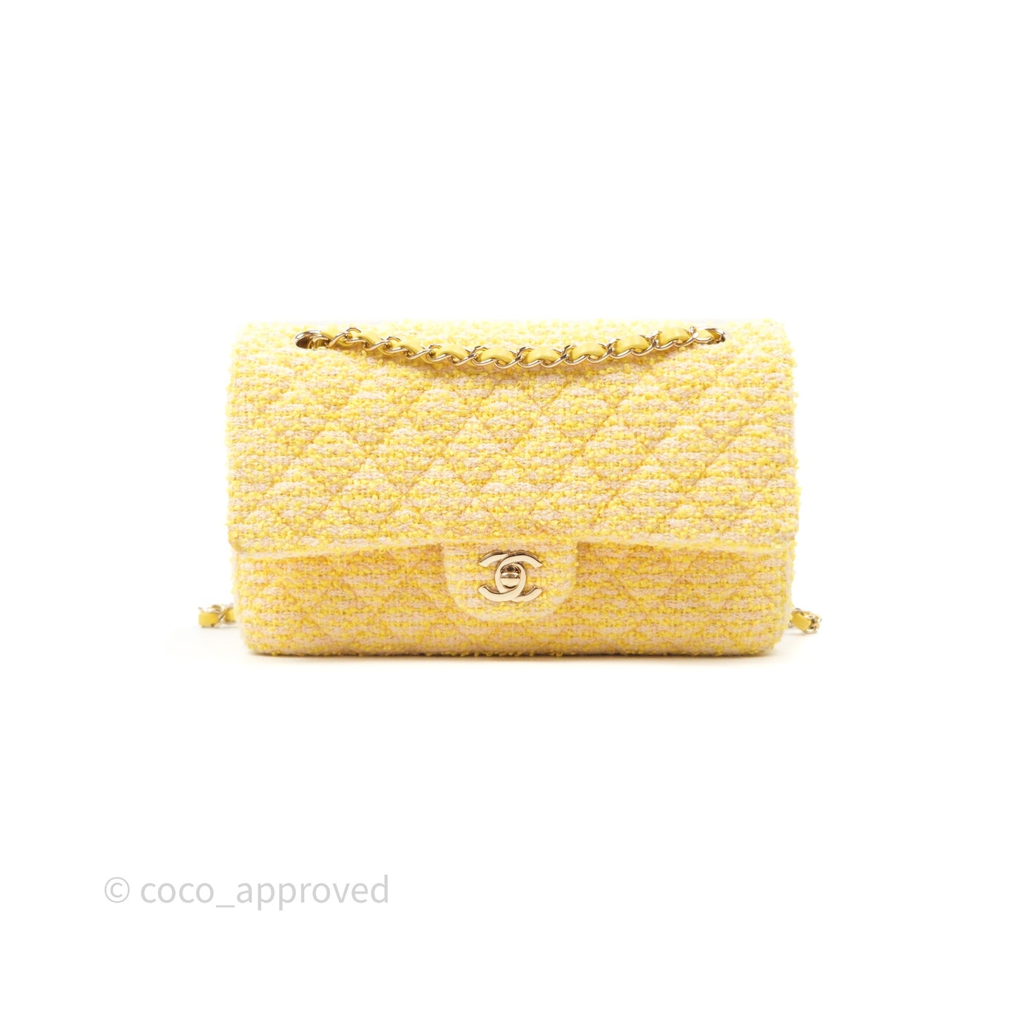 Chanel Classic M/L Medium Flap Quilted Yellow Tweed Gold Hardware