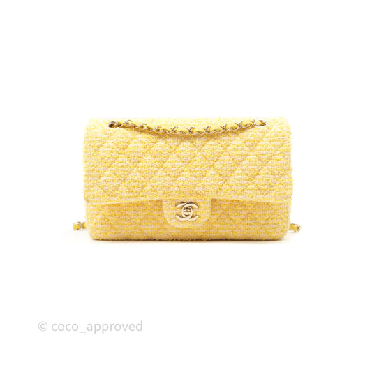 Chanel Classic M/L Medium Flap Quilted Yellow Tweed Gold Hardware
