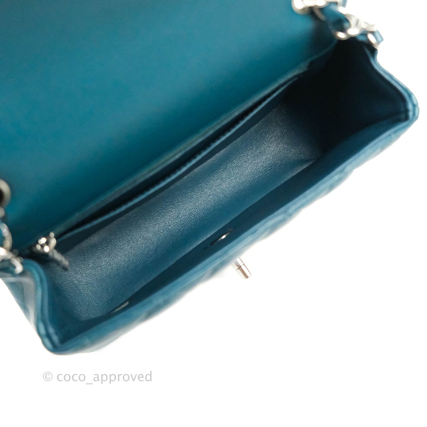 Chanel Quilted Mini Rectangular Lambskin Flap Bag Teal Silver Hardware