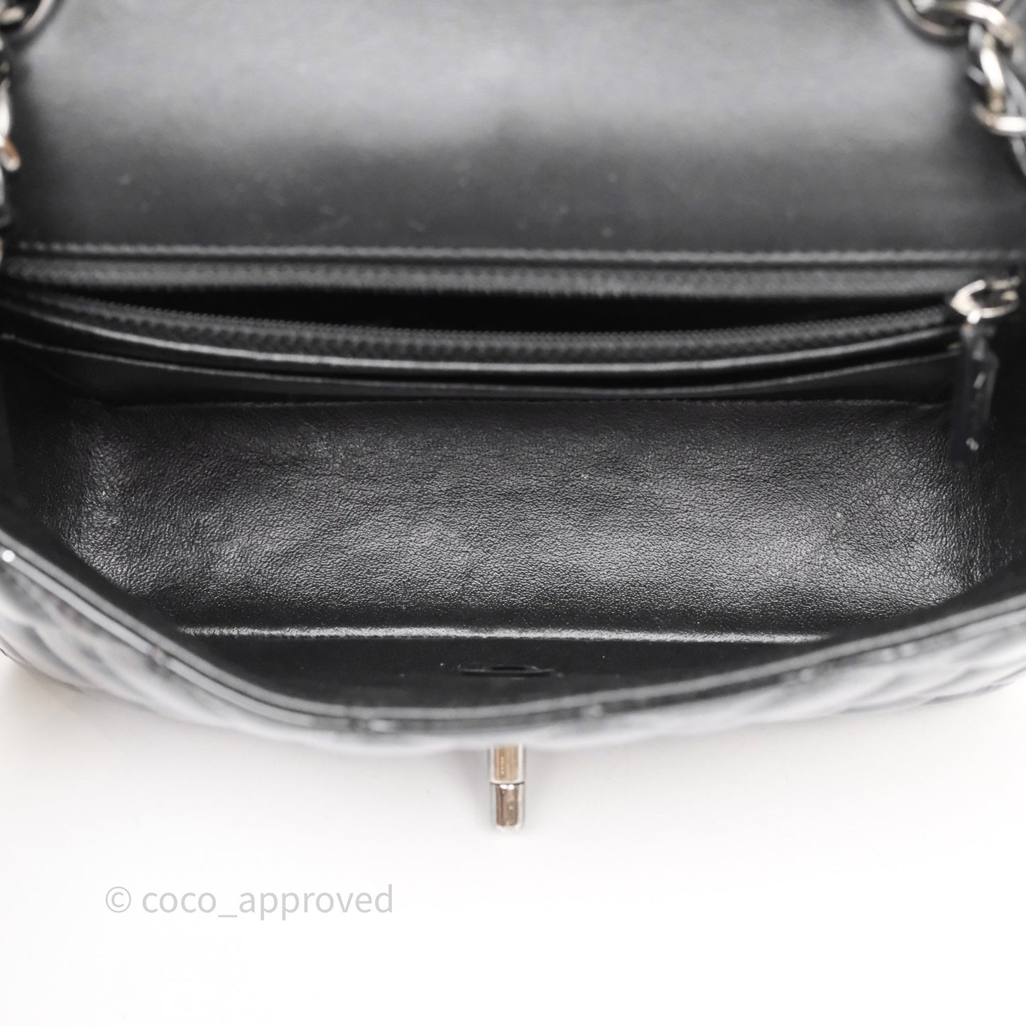 Chanel Quilted Mini Rectangular Flap Black Patent Silver Hardware