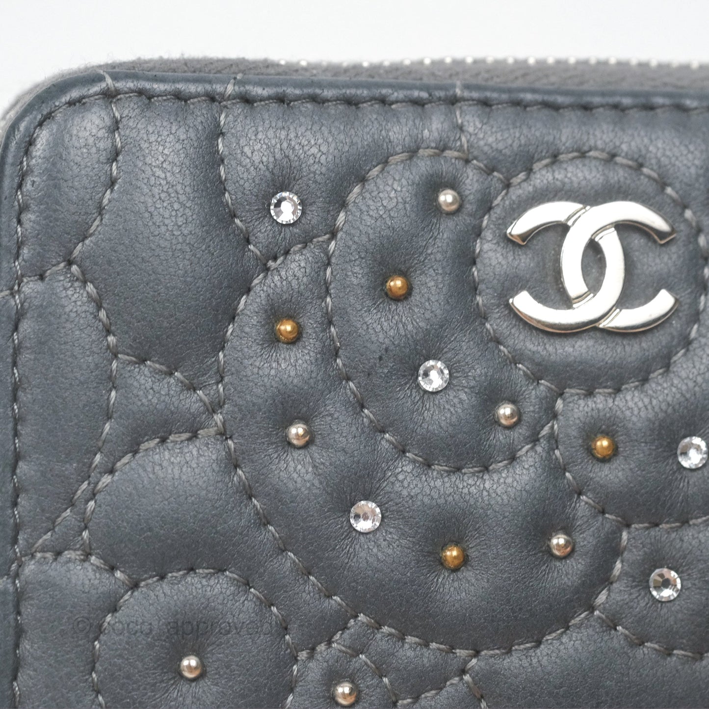 Chanel Camellia Crystal Studded Zipped Coin Purse Grey Silver Hardware
