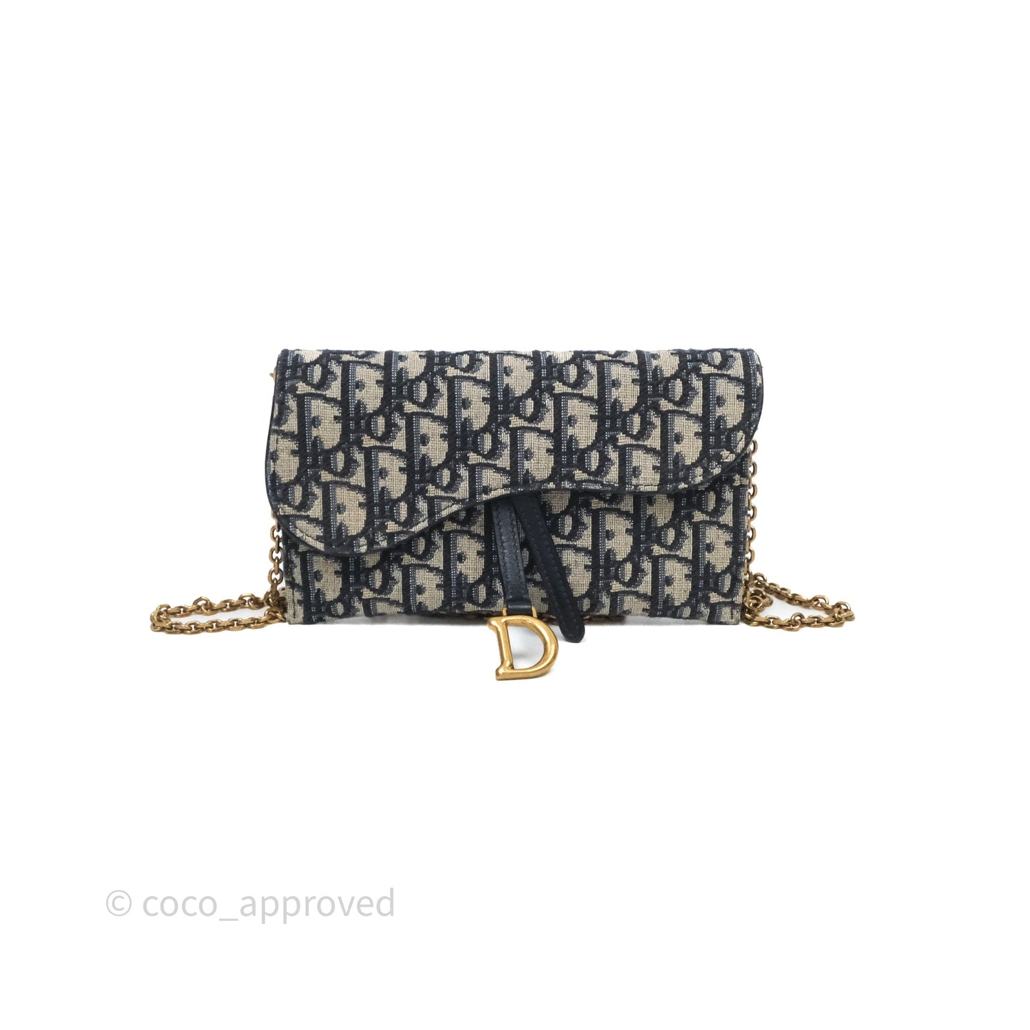 Christian Dior Small Saddle Pouch Wallet with Chain Blue Dior Oblique Jacquard