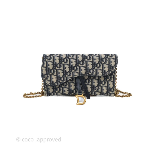 Christian Dior Small Saddle Pouch Wallet with Chain Blue Dior Oblique Jacquard