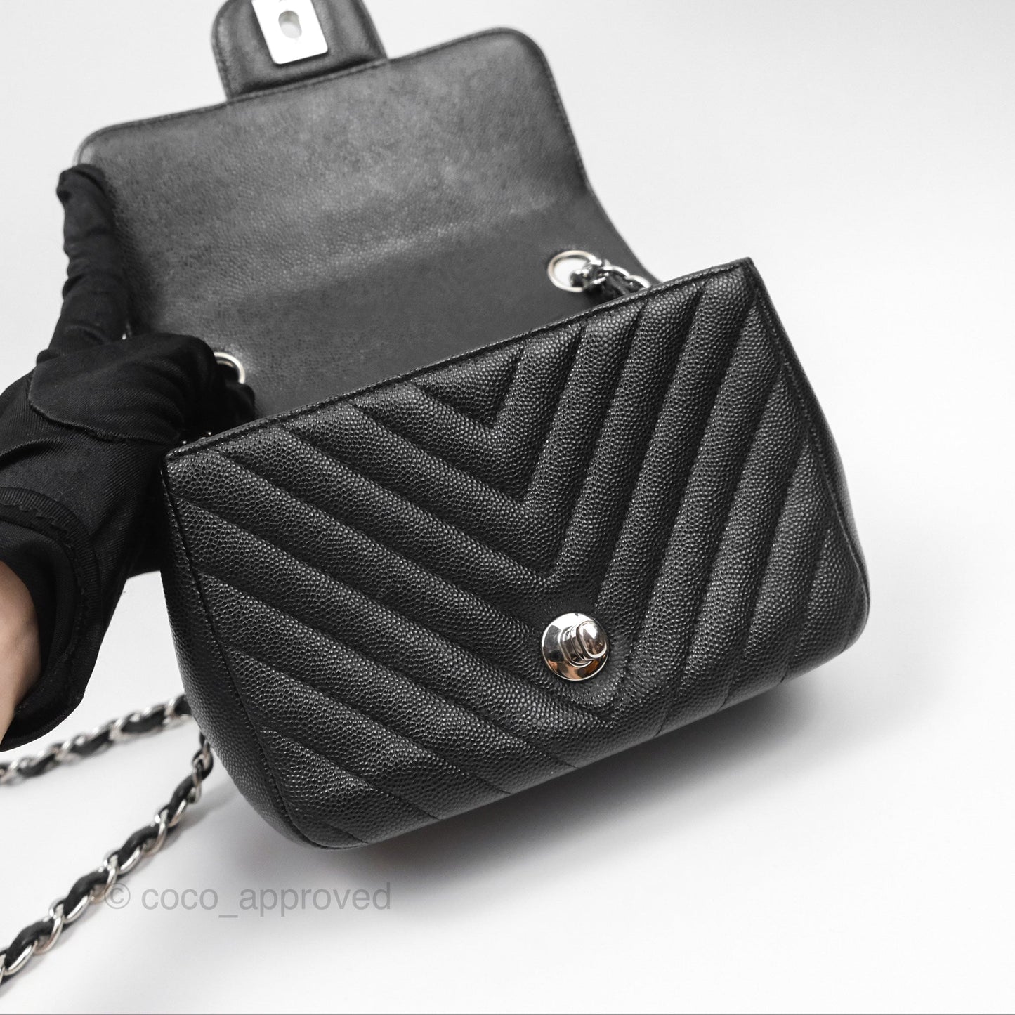 Chanel Mini Square Chevron Black Caviar Silver Hardware