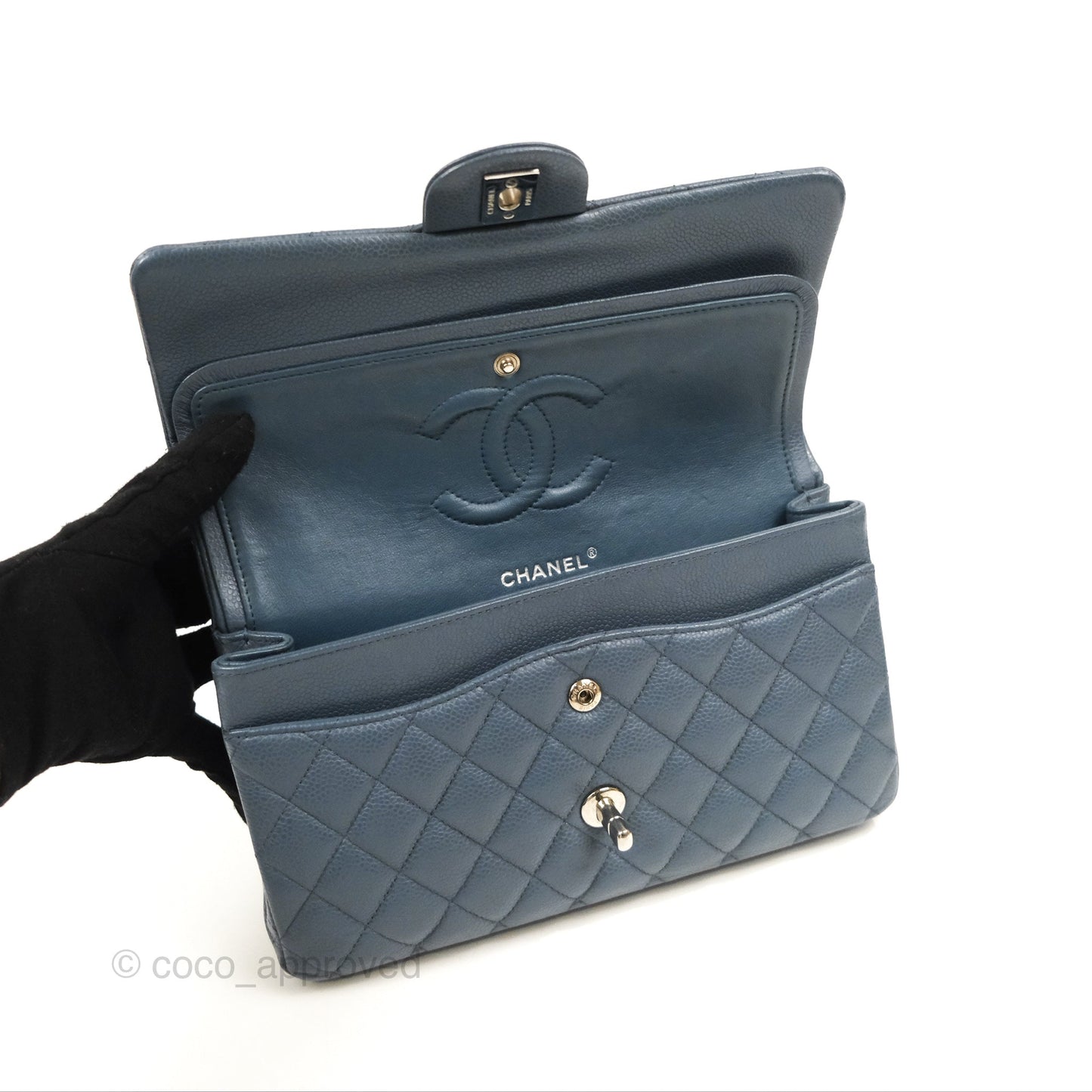 Chanel Classic Double Flap Quilted M/L Blue Caviar Silver Hardware