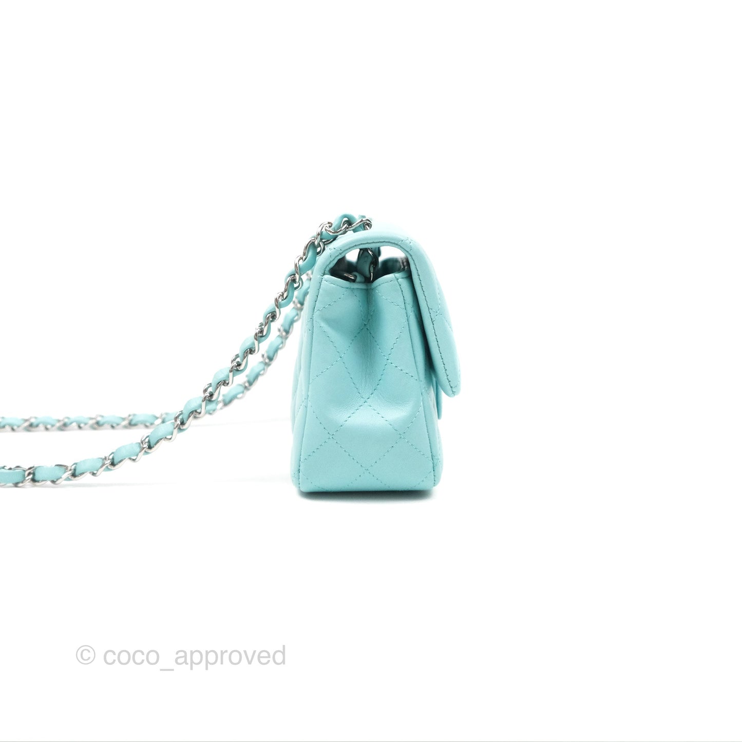 Chanel Quilted Mini Rectangular Flap Tiffany Blue Lambskin Silver Hardware