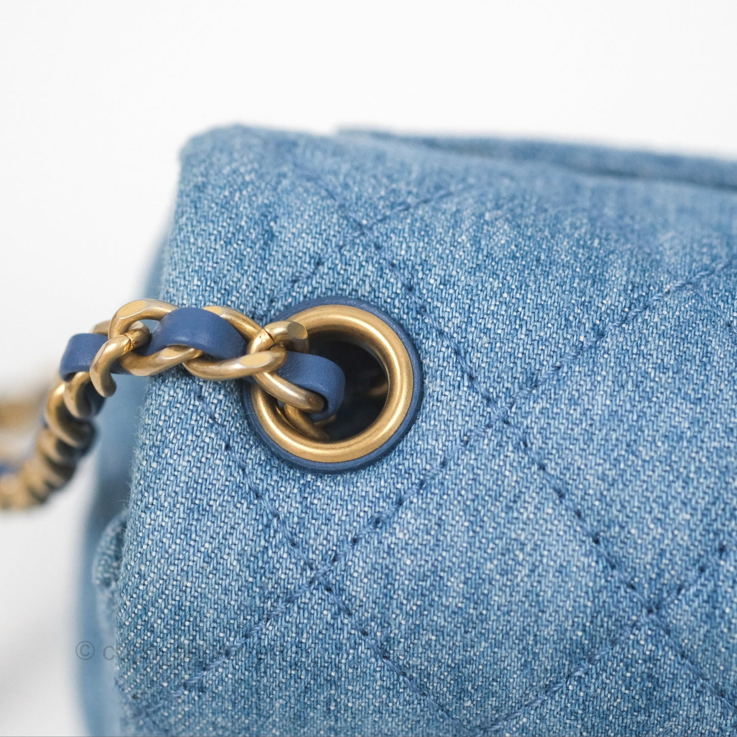 Chanel Mini Square Pearl Crush Quilted Denim Aged Gold Hardware