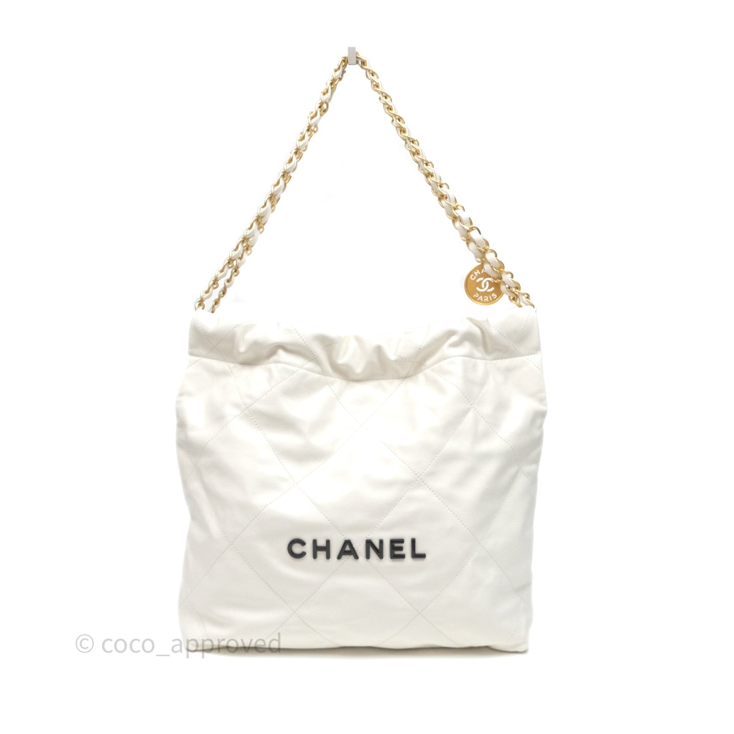 Chanel 22 Small White Aged Calfskin Black Logo Aged Gold Hardware