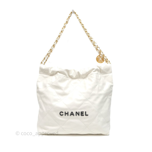 Chanel 22 Small White Aged Calfskin Black Logo Aged Gold Hardware