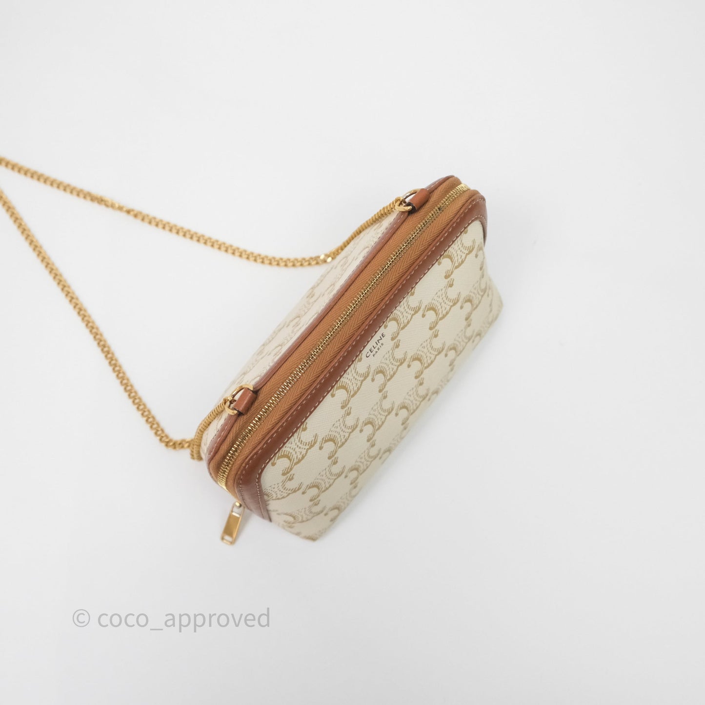 Celine Clutch With Chain Triomphe Canvas White/Tan