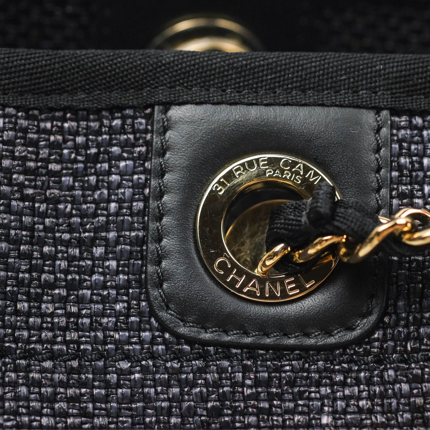Chanel Medium Deauville Tote Black Dark Grey Raffia Woven Gold Hardware