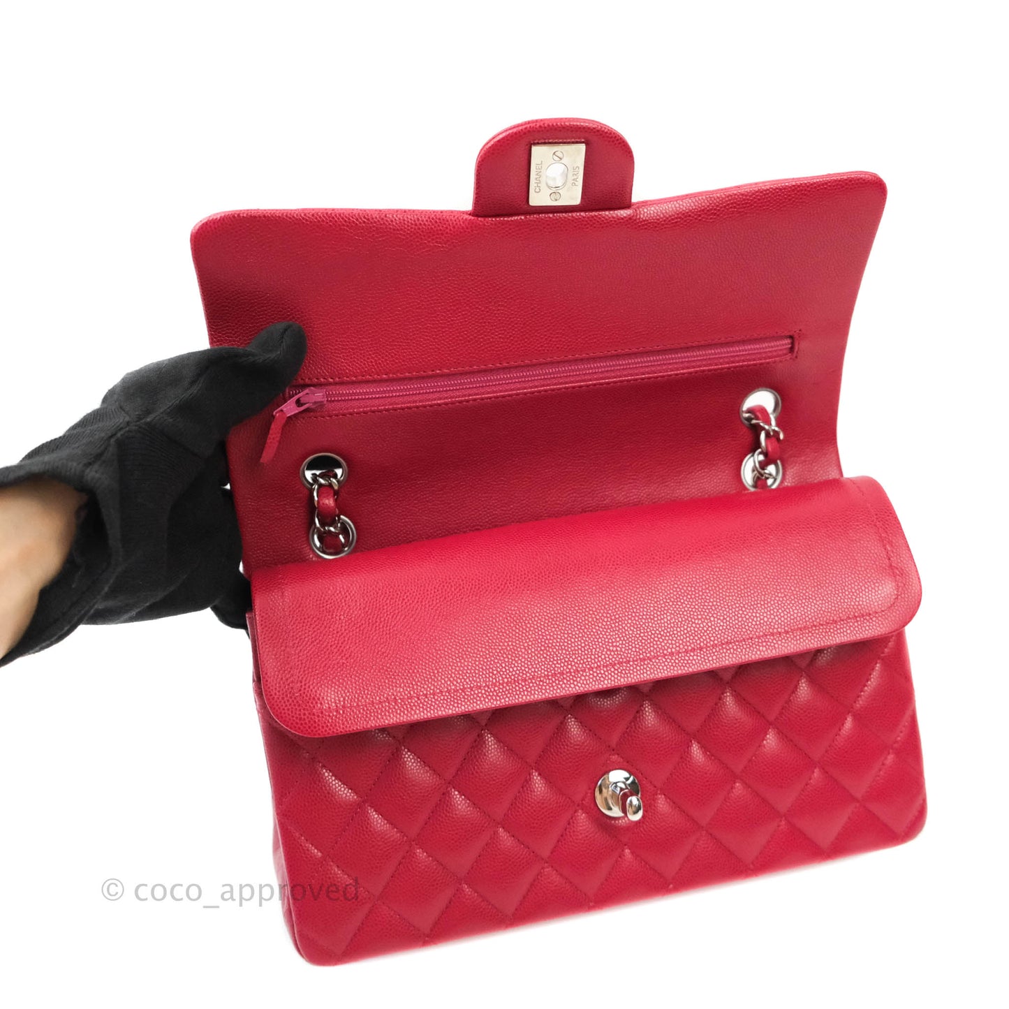 Chanel Classic M/L Medium Double Flap Red Caviar Silver Hardware 18B