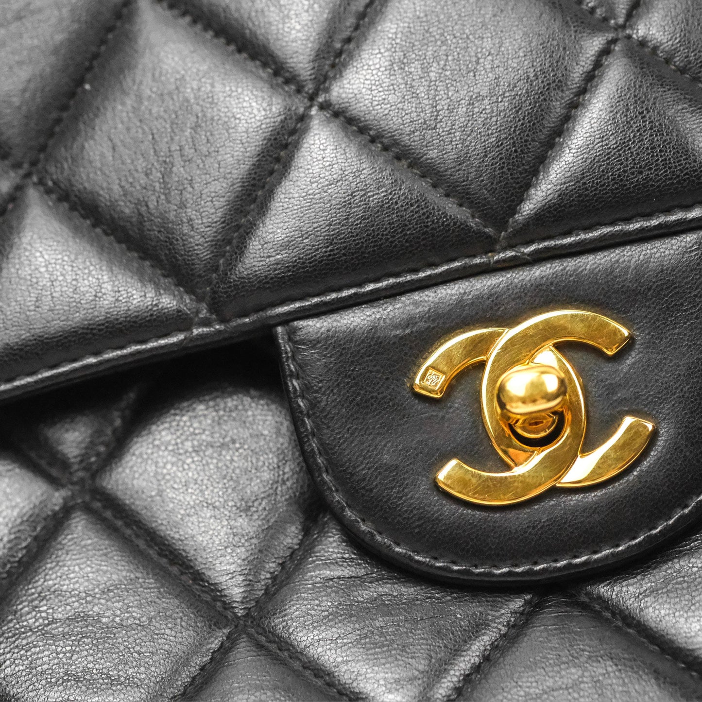 Chanel Vintage Double Sided Jumbo Flap Black Lambskin 24K Gold Hardware