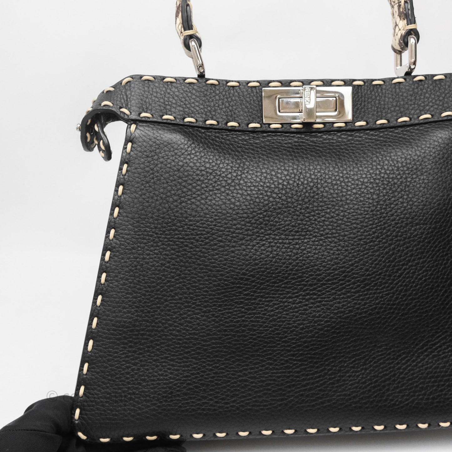 Fendi Peekaboo ISeeU Python Handle Handbag Black Calfskin Silver Hardware