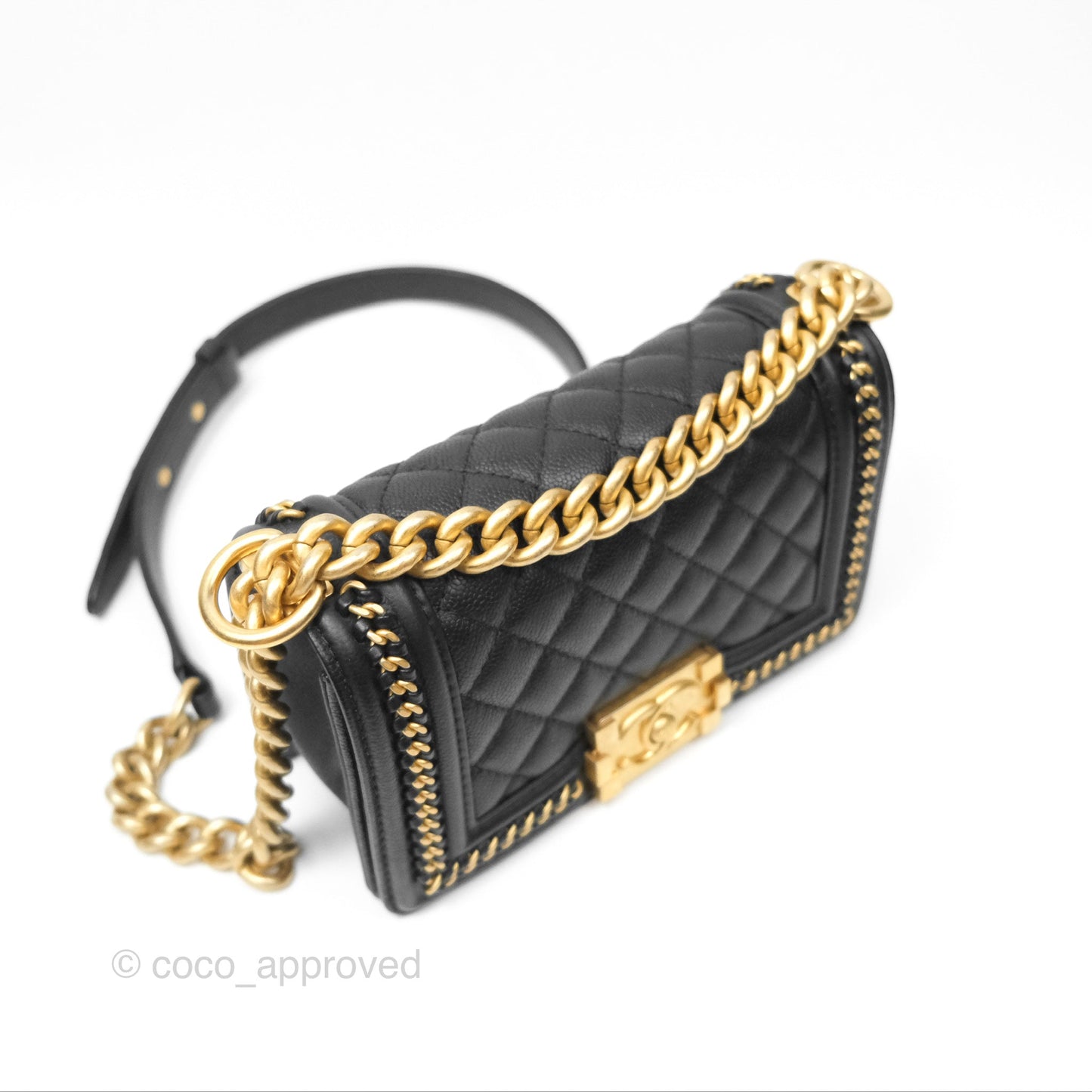 Chanel Small Chain Around Boy Quilted Black Caviar Aged Gold Hardware