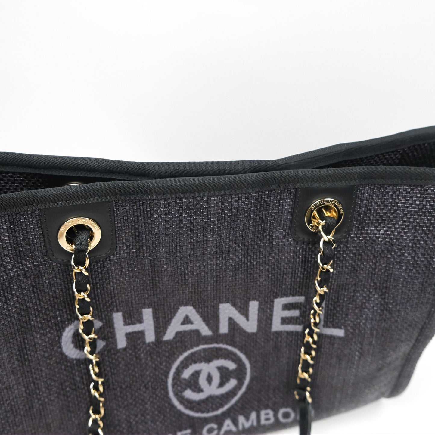 Chanel Medium Deauville Tote Black Dark Grey Raffia Woven Gold Hardware