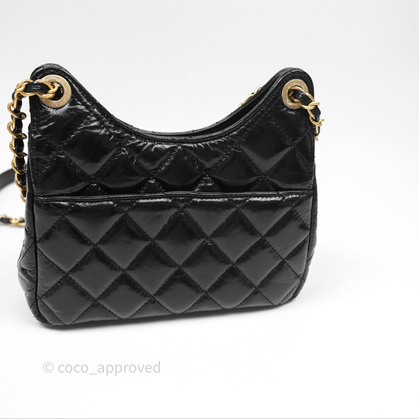 Chanel Small Wavy CC Hobo Black Shiny Crumpled Calfskin Aged Gold Hardware 23C