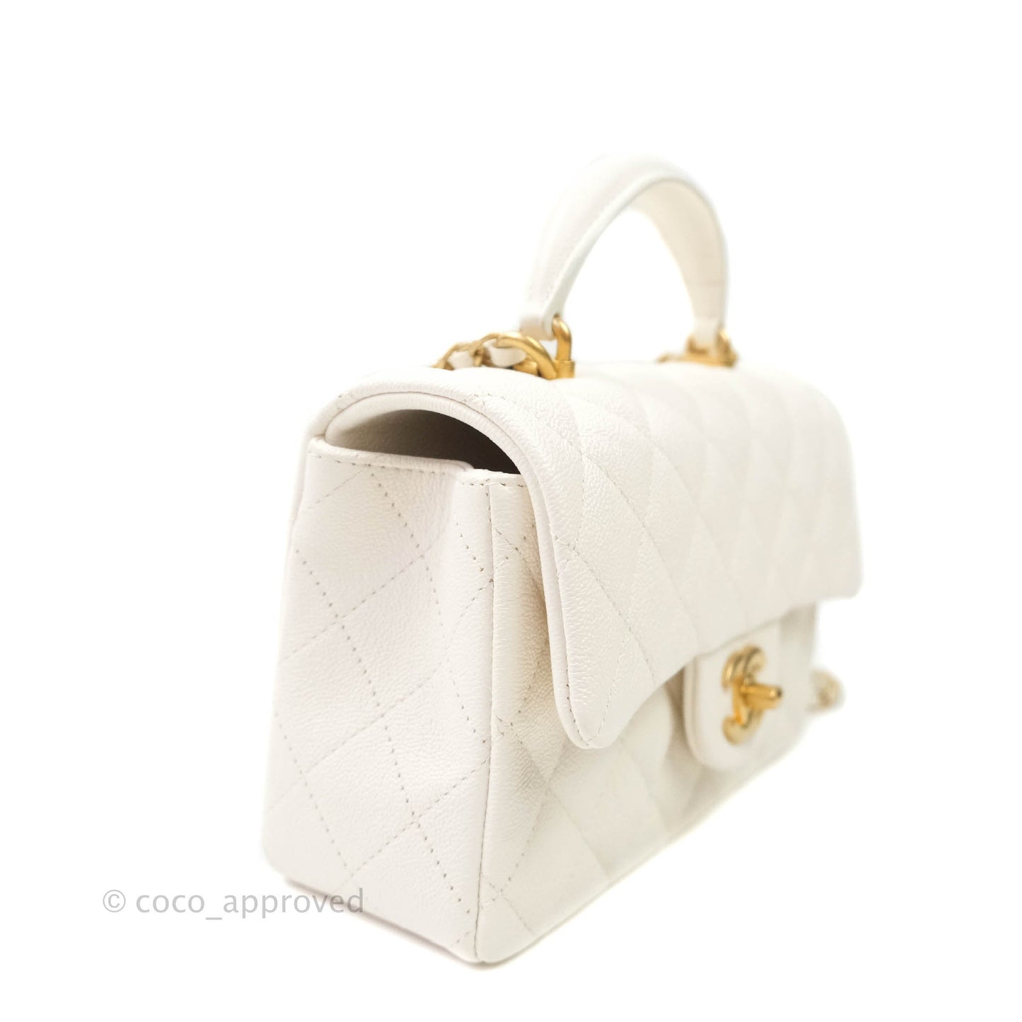 Chanel Top Handle Mini Rectangular Flap Bag White Caviar Aged Gold Hardware