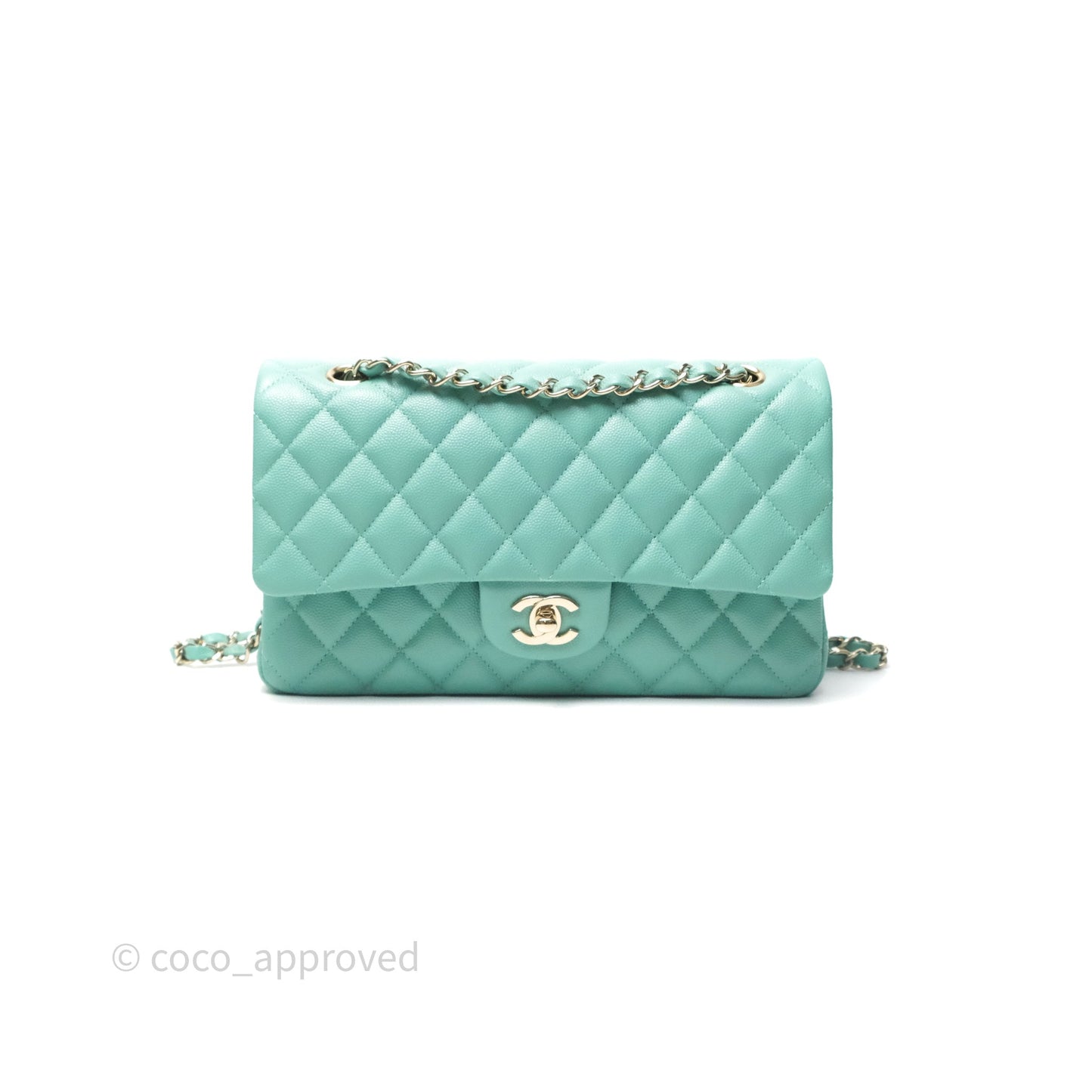 Chanel Classic M/L Medium Flap Quilted Tiffany Green Caviar Gold Hardware