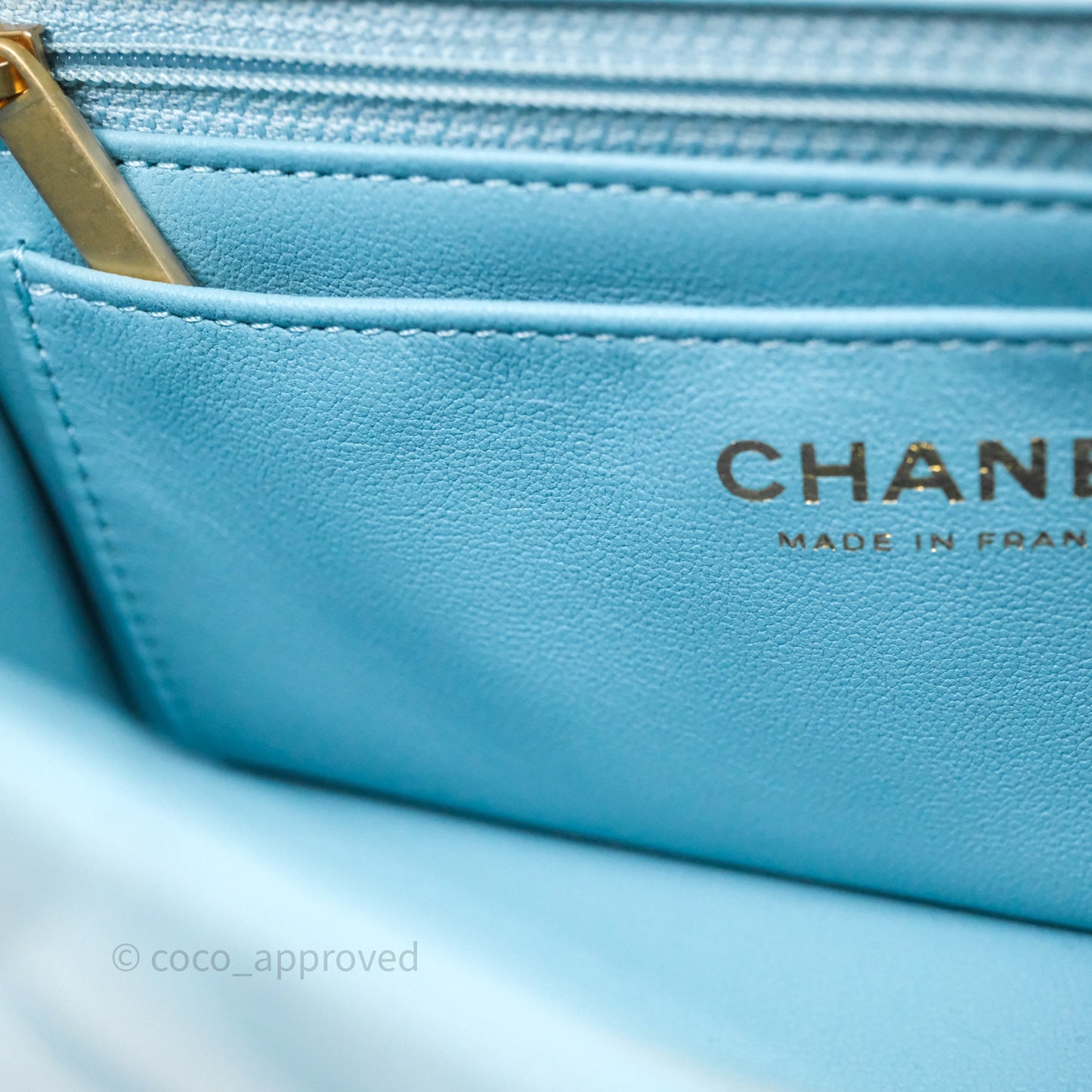 Chanel Flap Bag with Crystal Logo Top Handle Tiffany Blue Lambskin Aged Gold Hardware