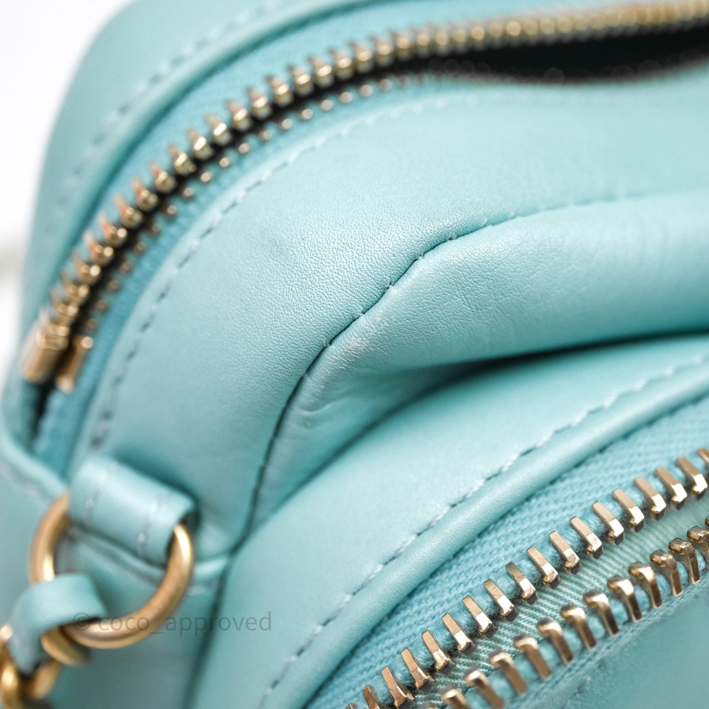 Chanel Camera Bag Quilted Pearly Turquoise Lambskin Aged Gold Hardware