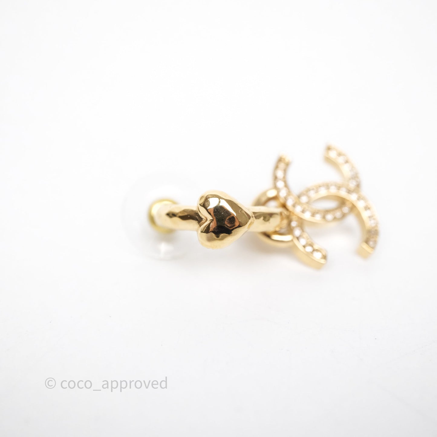 Chanel Heart Crystal CC Drop Hoop Earrings Gold Tone 23P