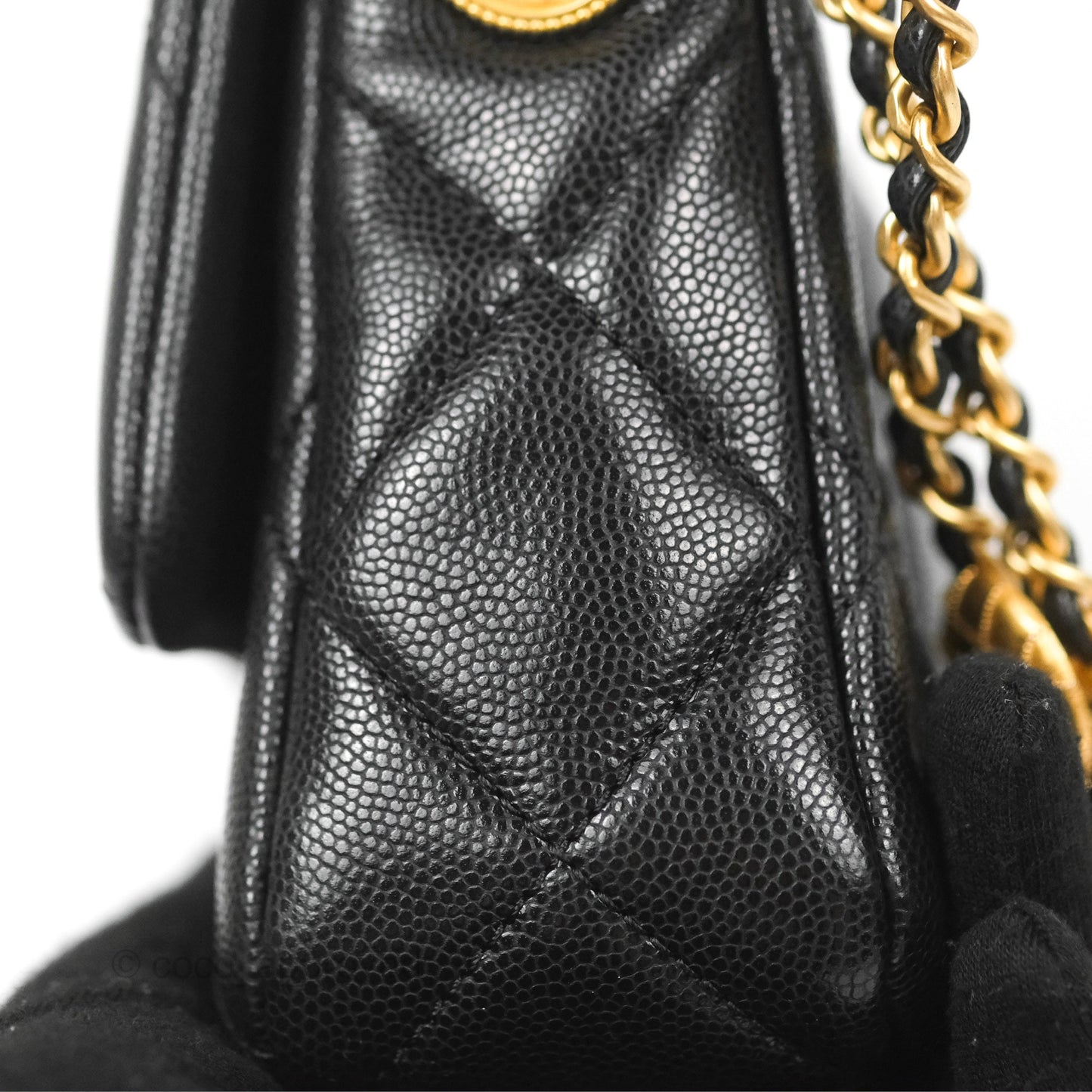 Chanel Small Flap with Coin Charm Black Caviar Aged Gold Hardware 22A