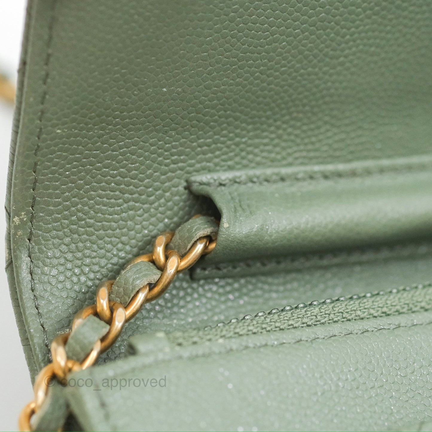 Chanel Classic Quilted Wallet On Chain WOC Glitter Dark Tiffany Green Caviar Aged Gold Hardware