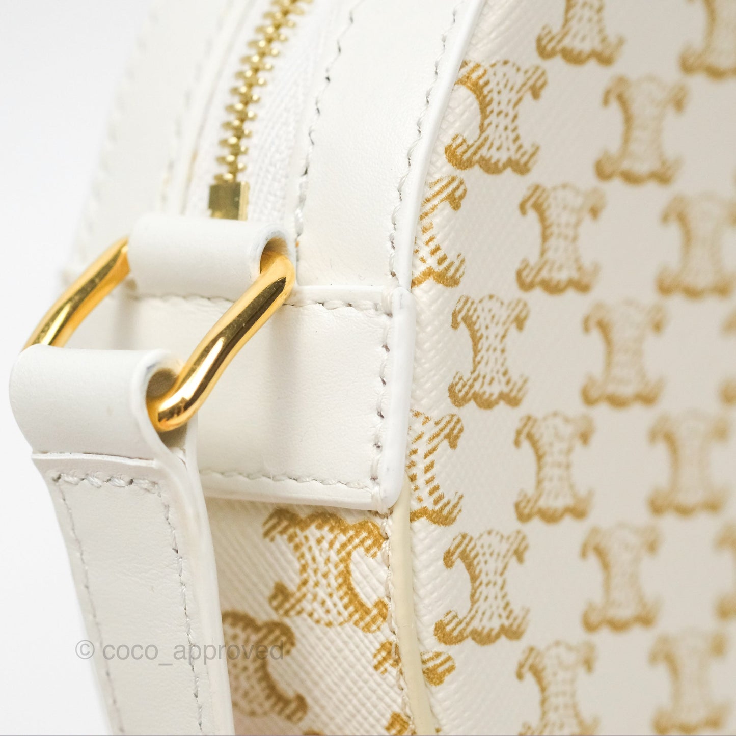 Celine Round Purse on Strap Triomphe Canvas White Calfskin