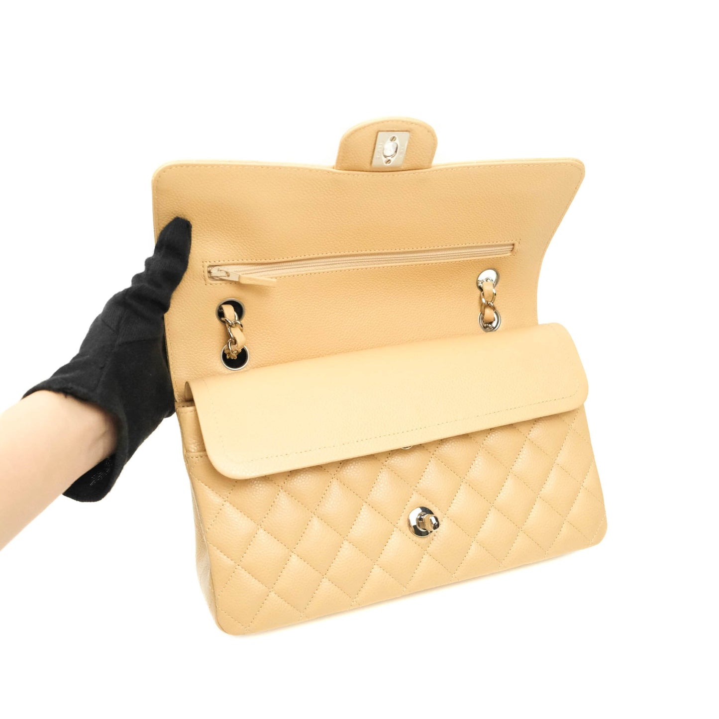 Chanel Classic M/L Medium Double Flap Beige Caviar Silver Hardware
