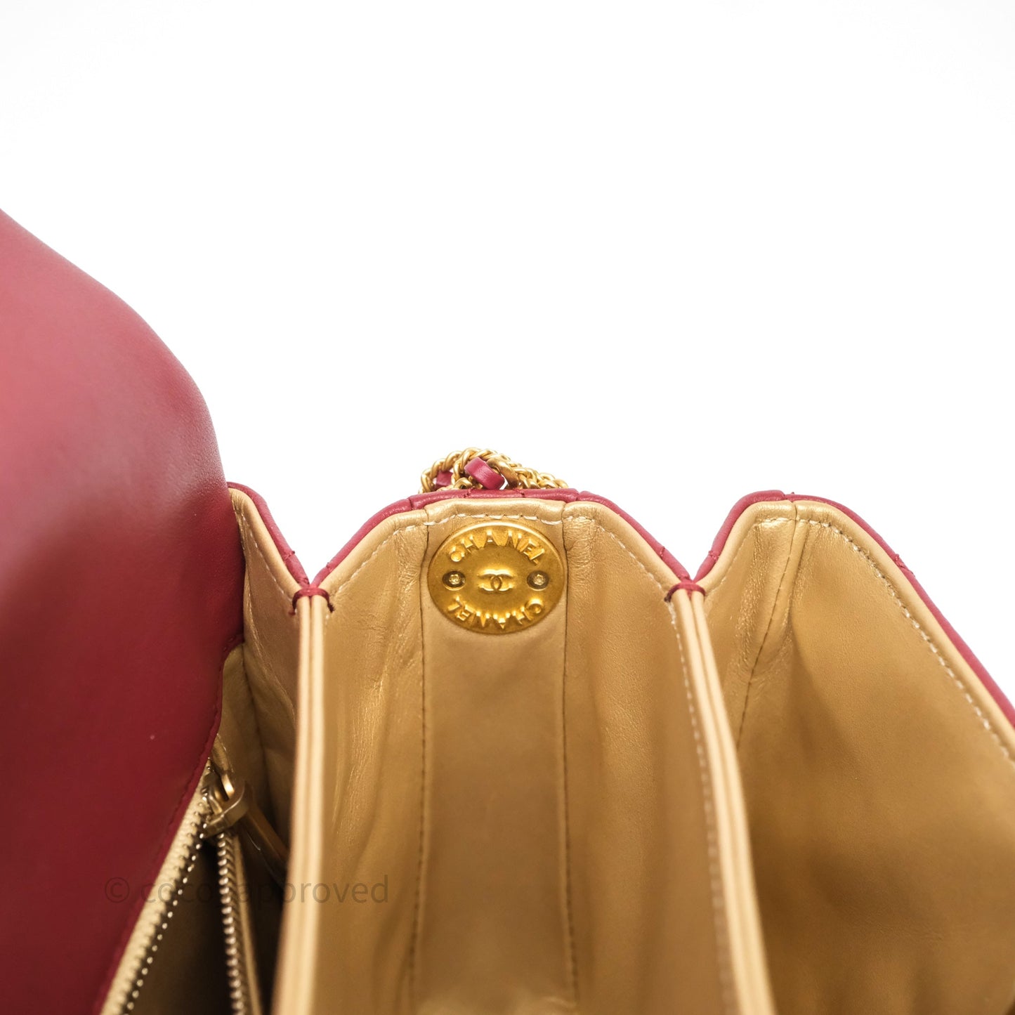 Chanel Quilted Accordion Flap Bag with Button on Chain Burgundy Lambskin Aged Gold Hardware 22A
