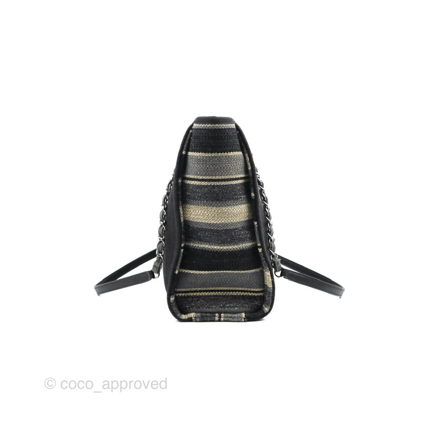Chanel Mini Deauville Tote Black Stripe Canvas Silver Hardware