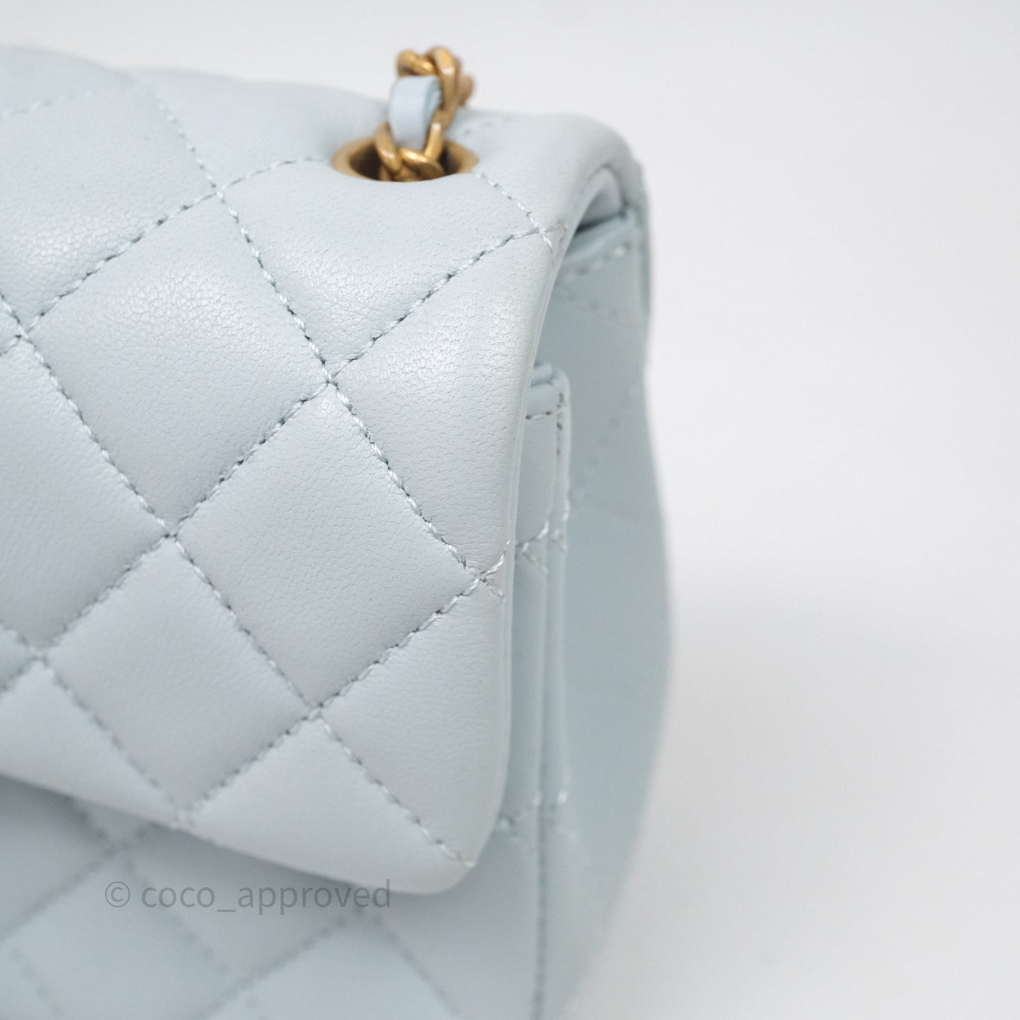Chanel Pearl Crush Mini Rectangular Light Blue Lambskin Aged Gold Hardware