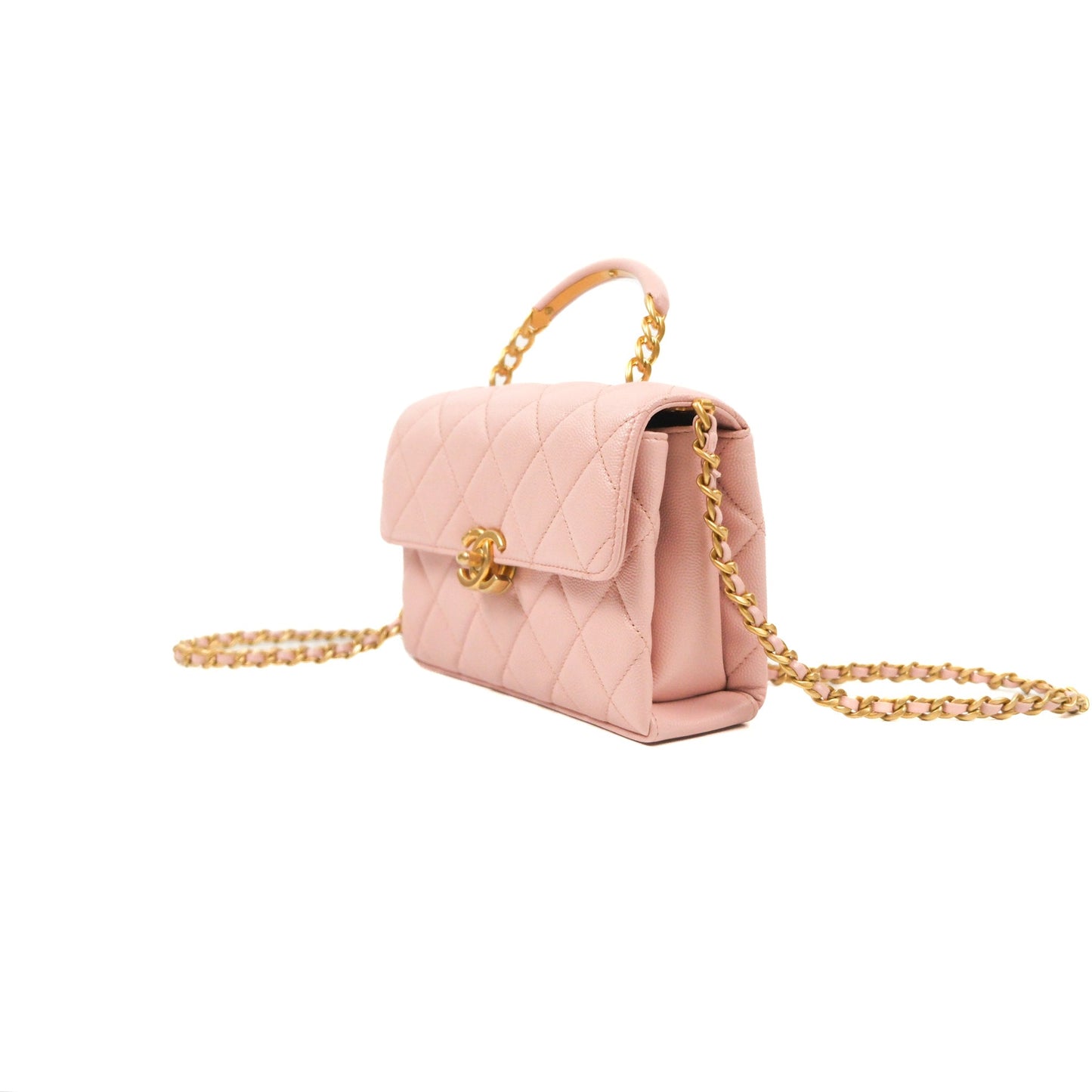 Chanel Carry Me Top Handle Flap Bag Pink Caviar Aged Gold Hardware 23S