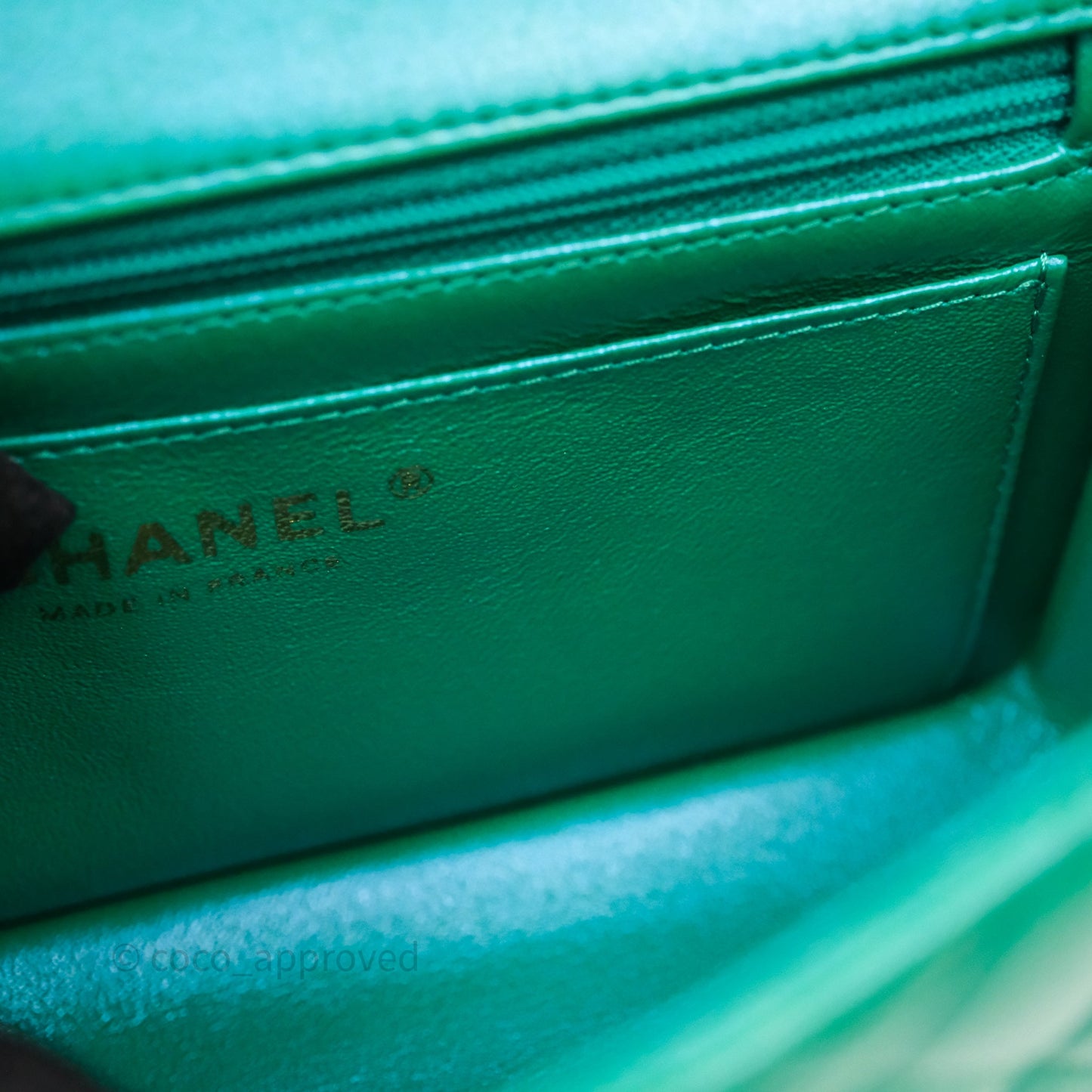 Chanel Top Handle Mini Rectangular Flap Bag Iridescent Green Lambskin Aged Gold Hardware