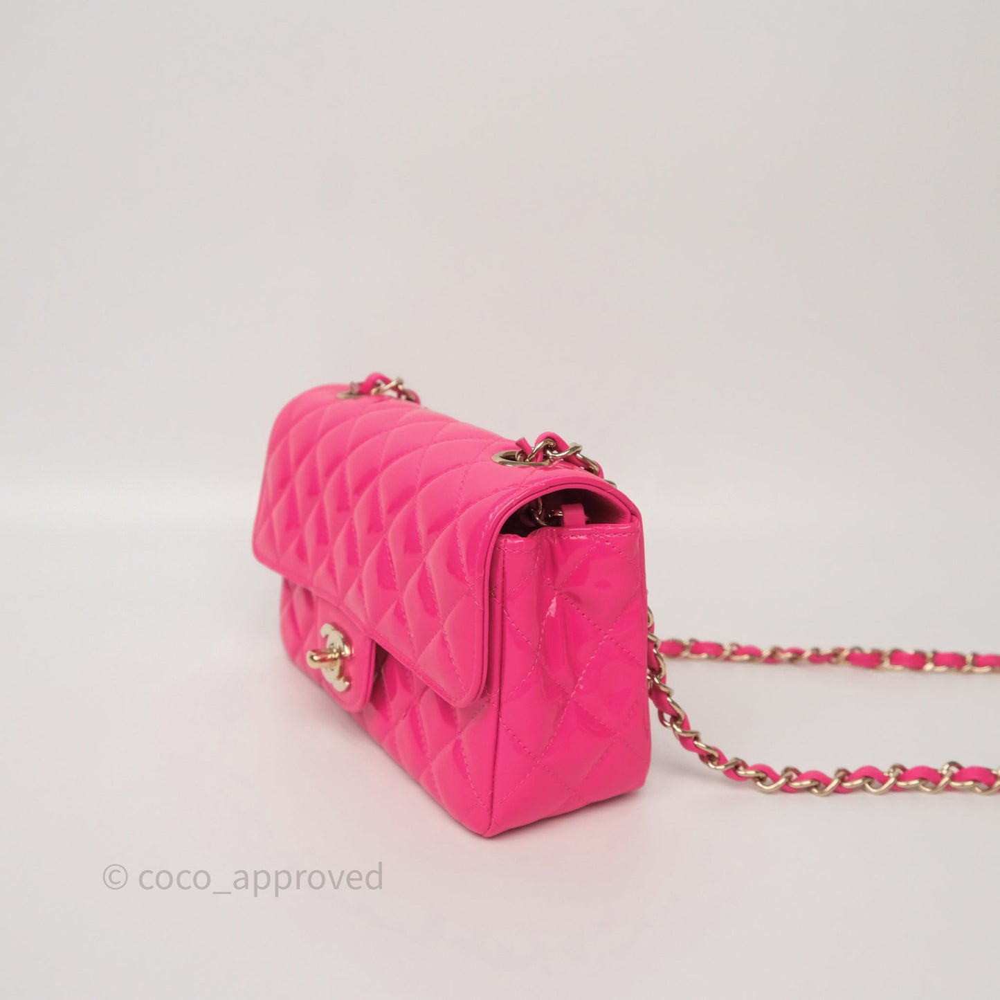 Chanel Quilted Mini Rectangular Flap Neo Pink Patent Gold Hardware