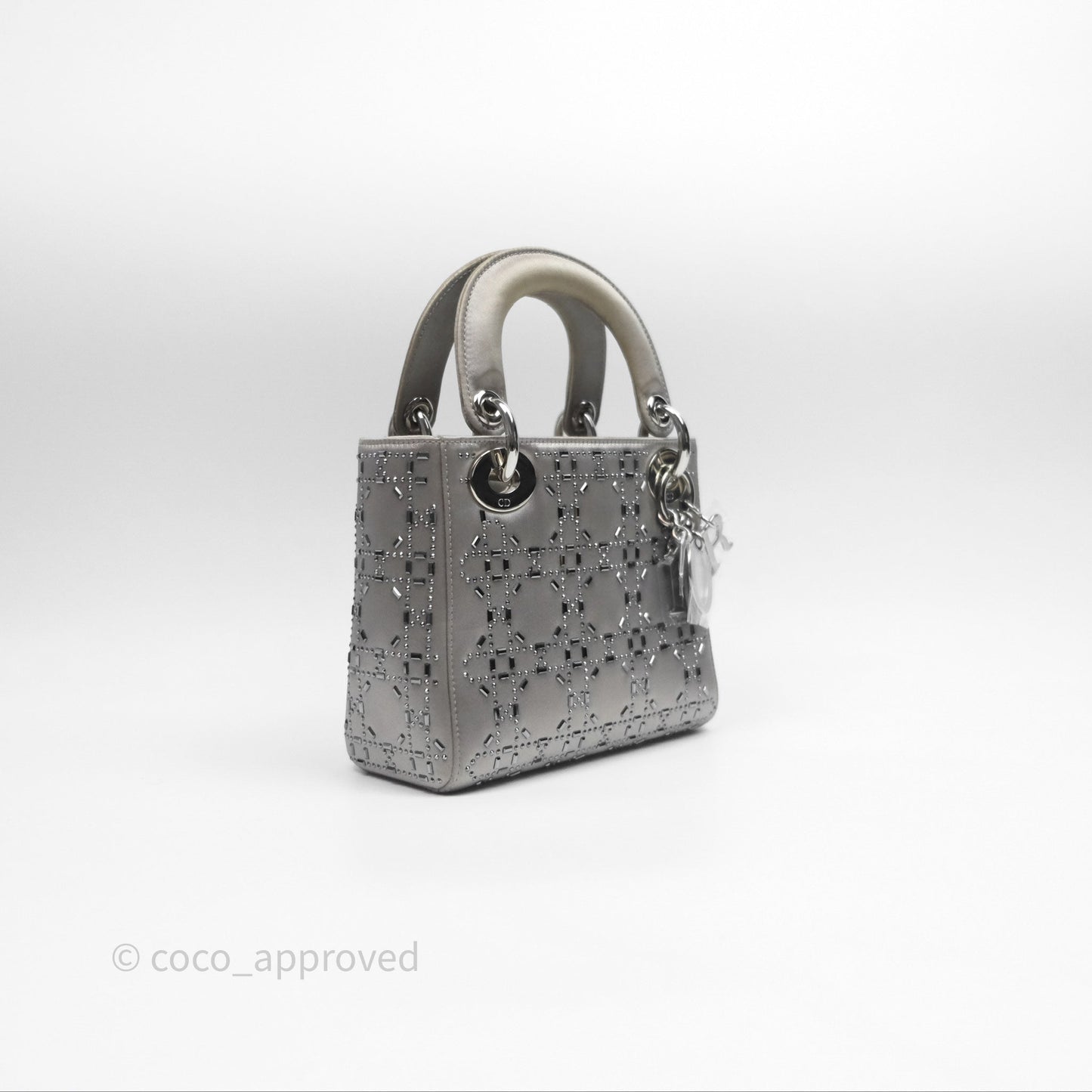 Christian Dior Mini Lady Dior Bag Grey Strass Cannage Satin Silver Hardware