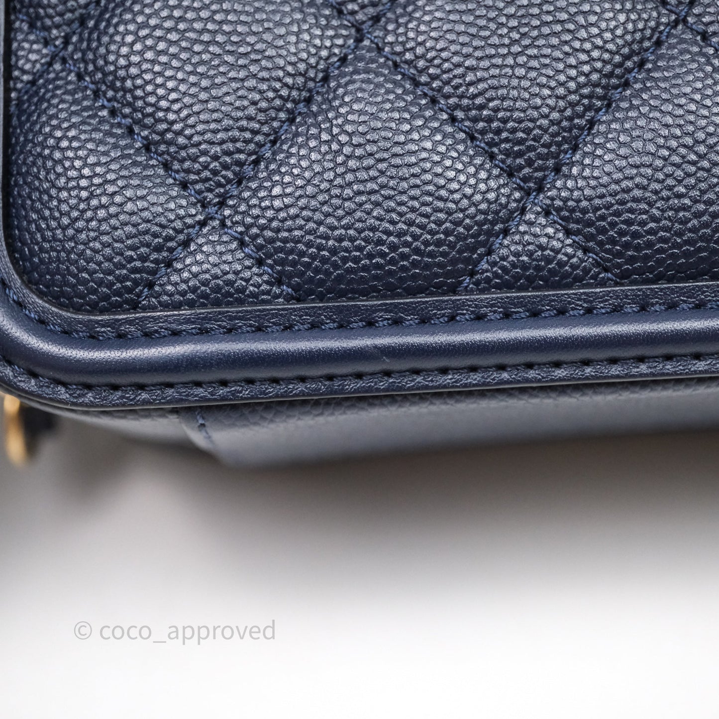 Chanel Quilted Small CC Filigree Vanity Case Navy Caviar Gold Hardware