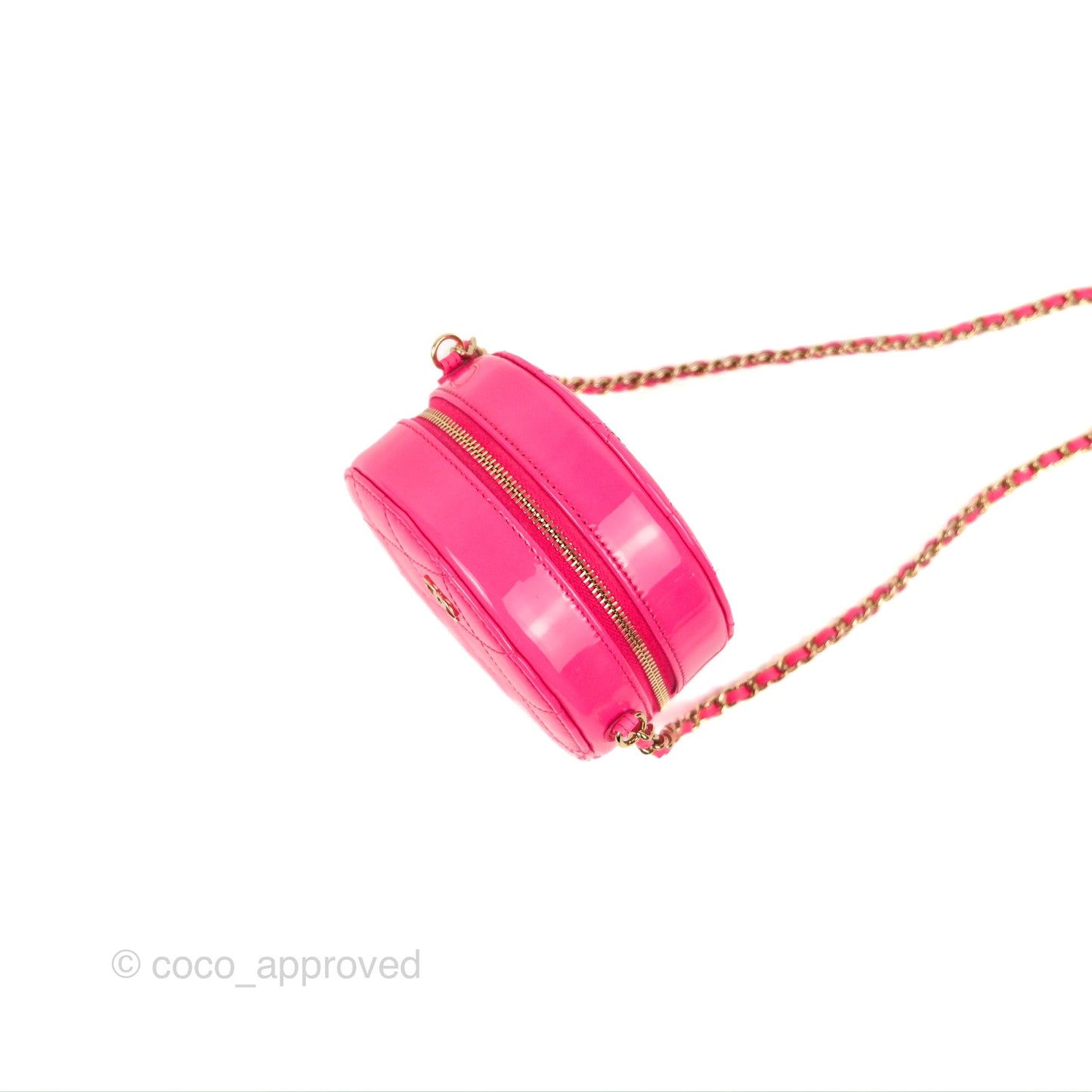 Chanel Classic Quilted Round Clutch Neon Pink Patent Gold Hardware
