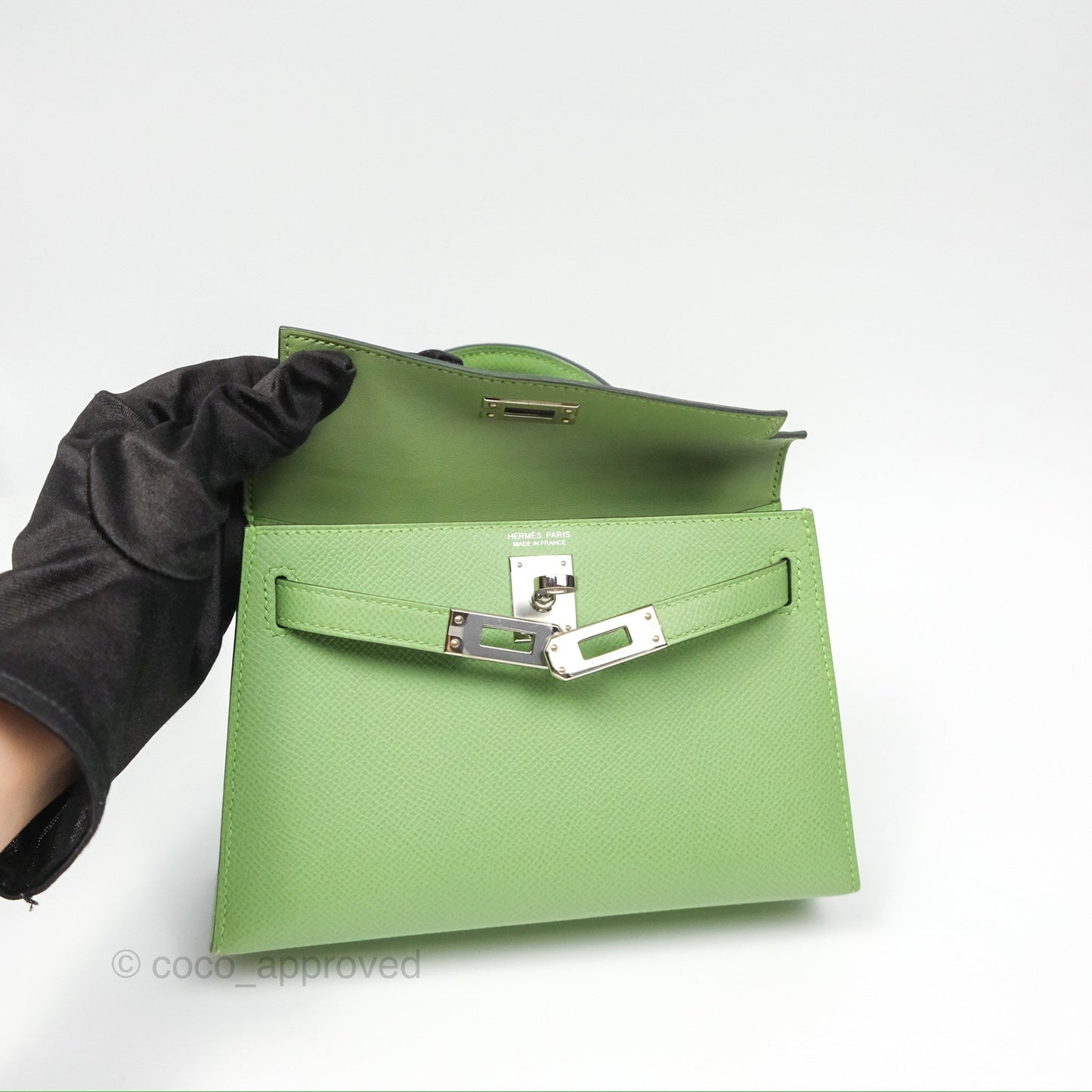 Hermès Mini Kelly II Vert Criquet Epsom Palladium Hardware