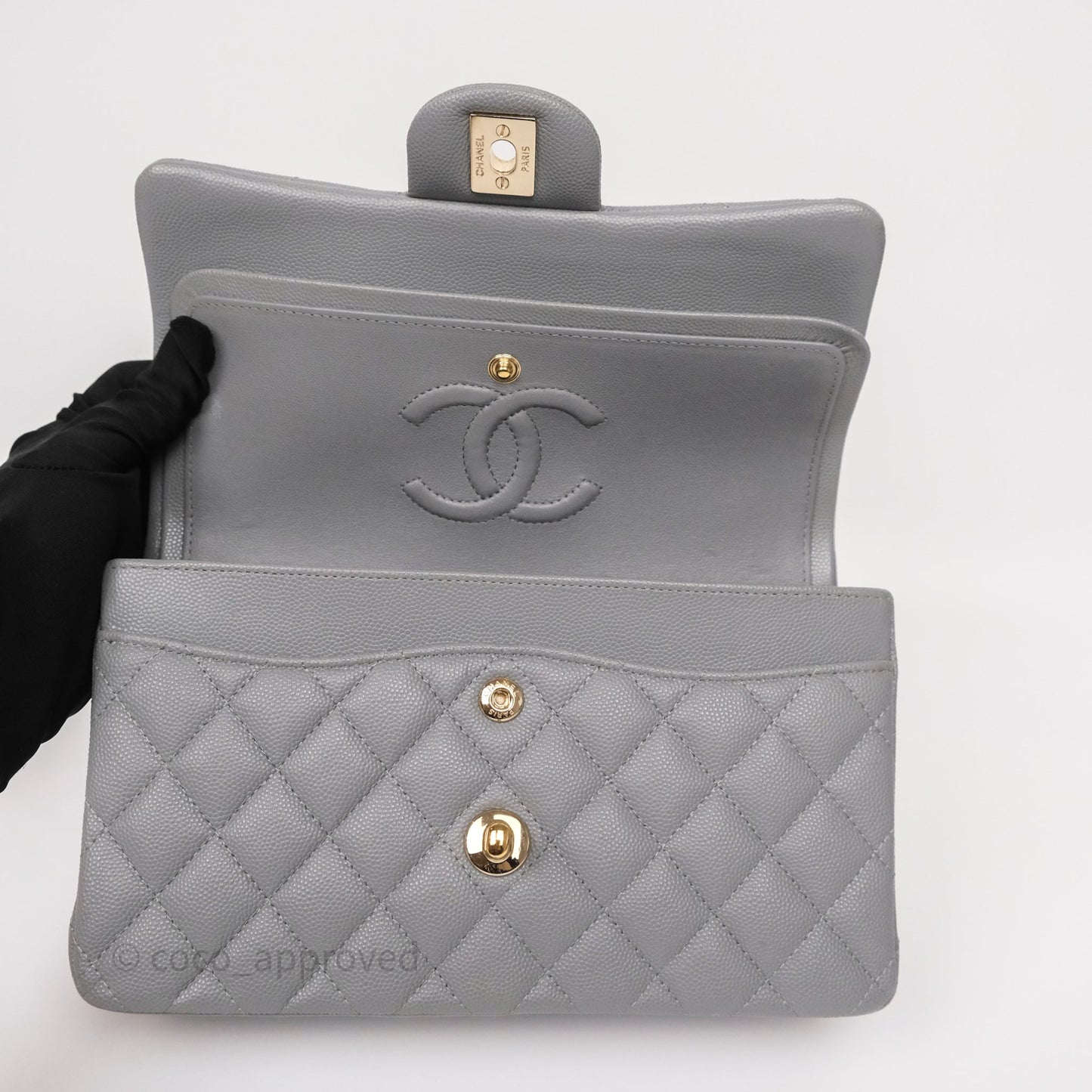 Chanel Small Classic Flap Quilted Grey Caviar Gold Hardware