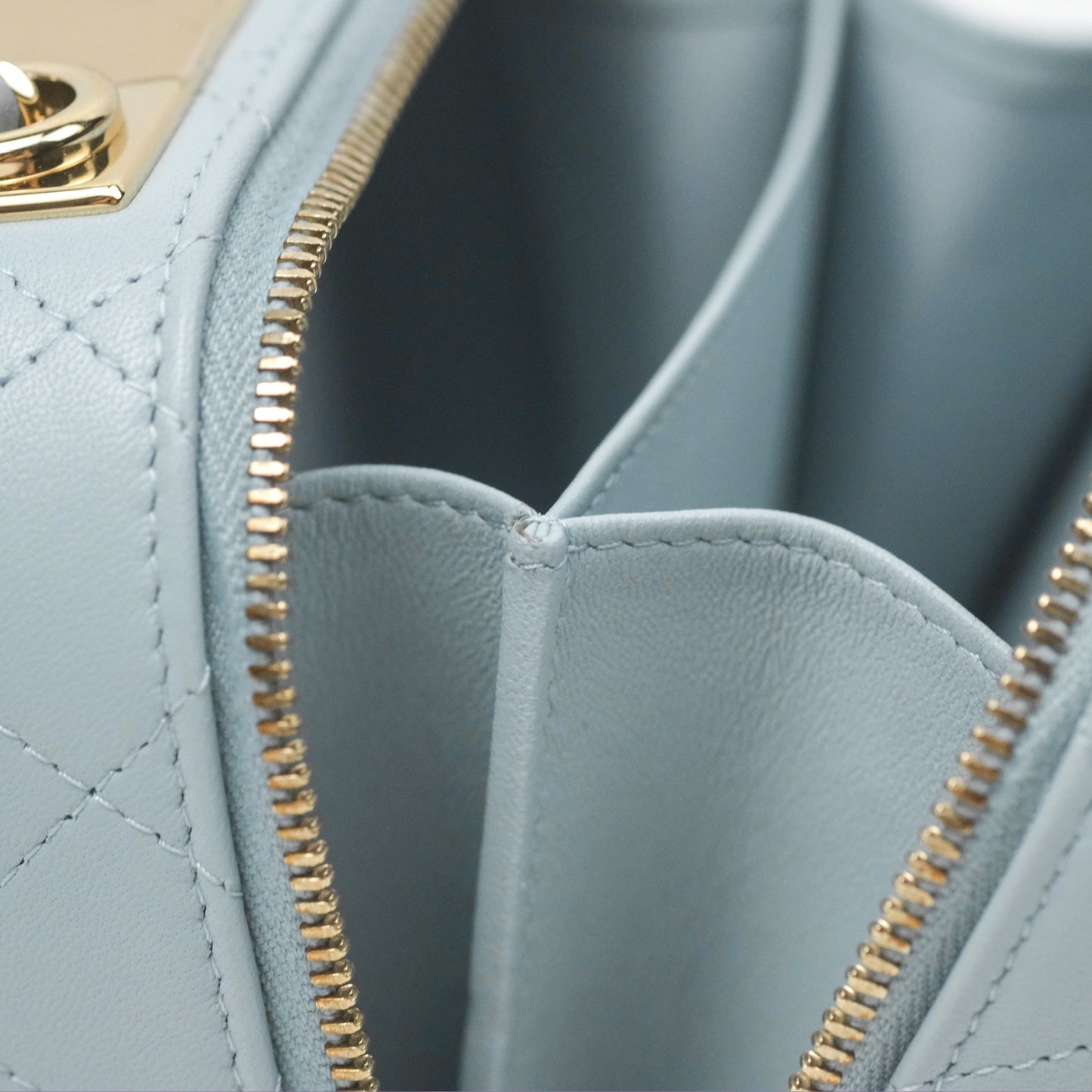 Chanel Mini Quilted Vanity Camera Case Light Blue Lambskin Gold Hardware