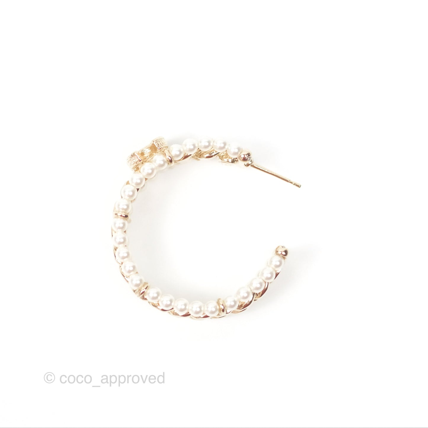 Chanel CC Pearl Hoop Earrings Gold Tone 20C