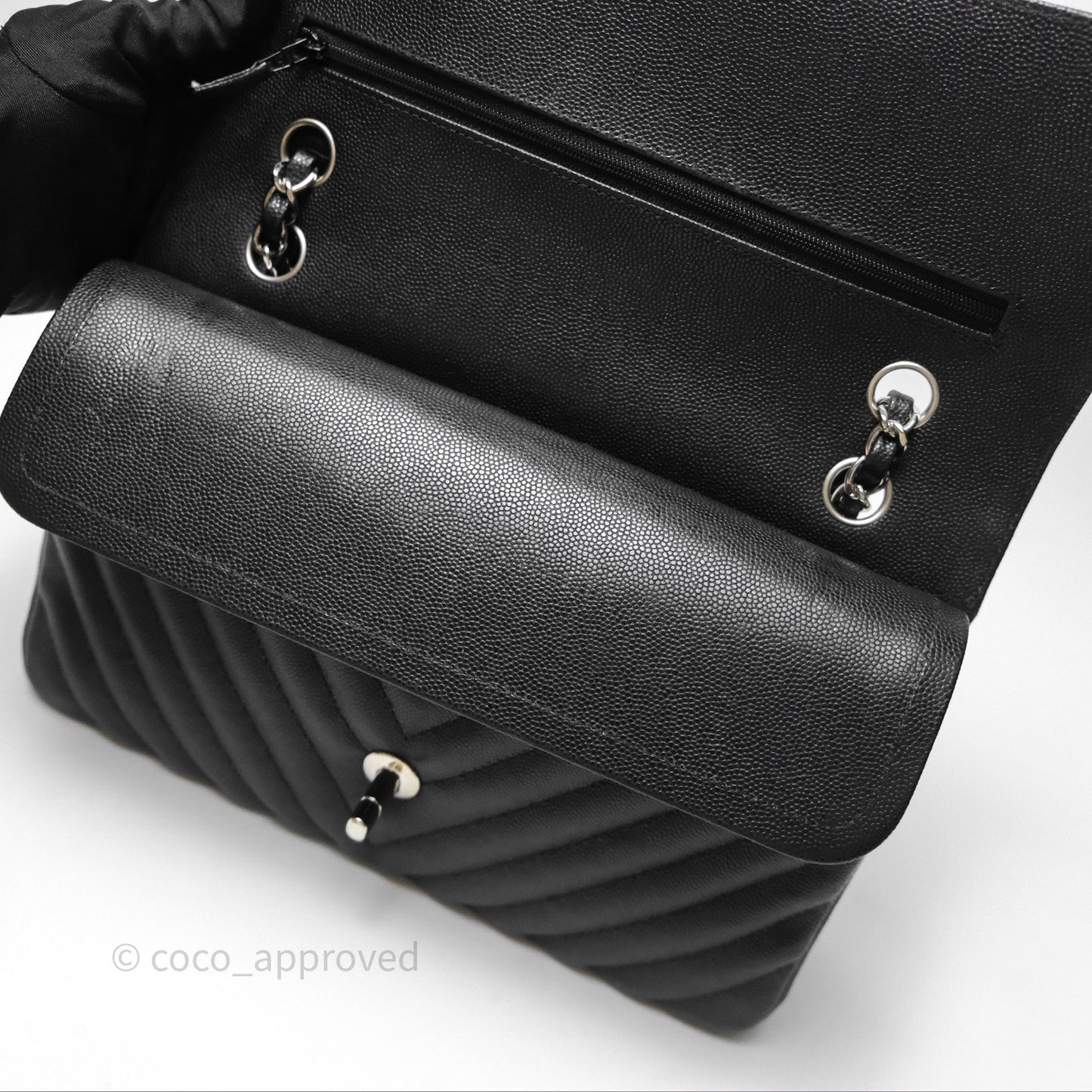 Chanel Classic M/L Medium Flap Chevron Black Caviar Silver Hardware